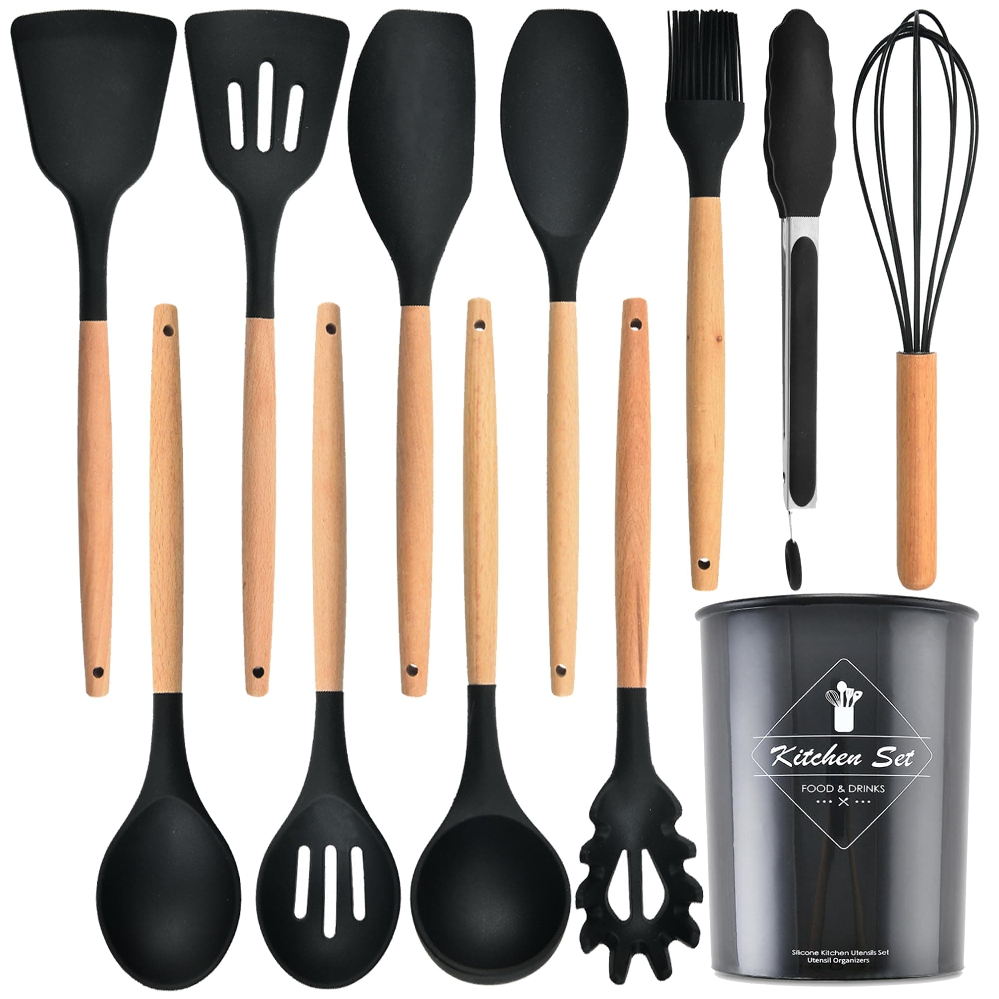 Kitchen Utensils Set,Kitchen Cooking Utensils Set,Stirring,Spoon,Spatula,Made of Heat Resistant Food Grade Silicone and Wooden Handles,Kitchen Gadgets &Tools Set (Black Kitchen Utensils)