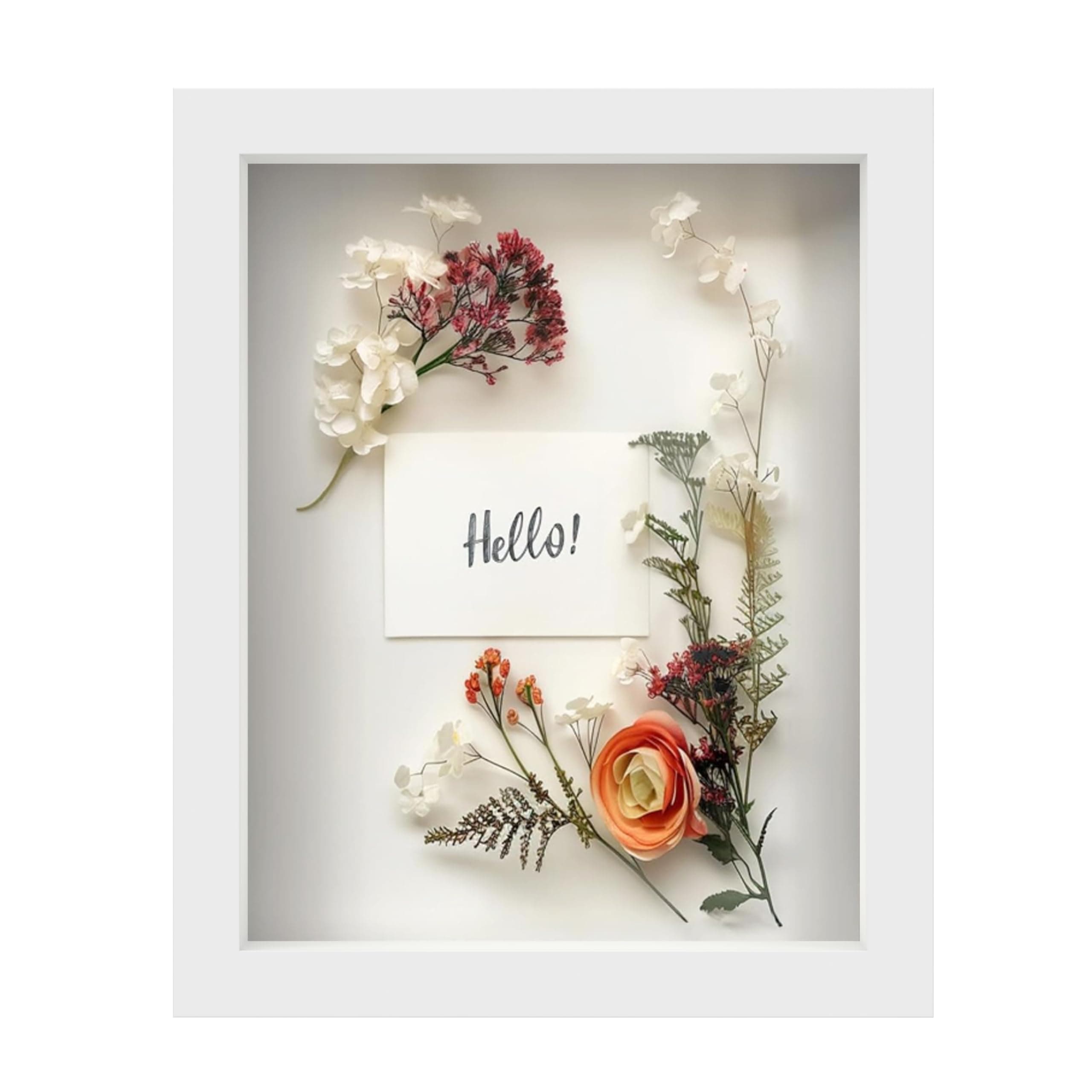 FrameWorks 8” x 10” White Wooden Shadow Box Frame – Display Case with Soft Felt Back, Memory Box with Tempered Glass, Display Box with Elegant White Ball Push Pins, Wooden Flower Box