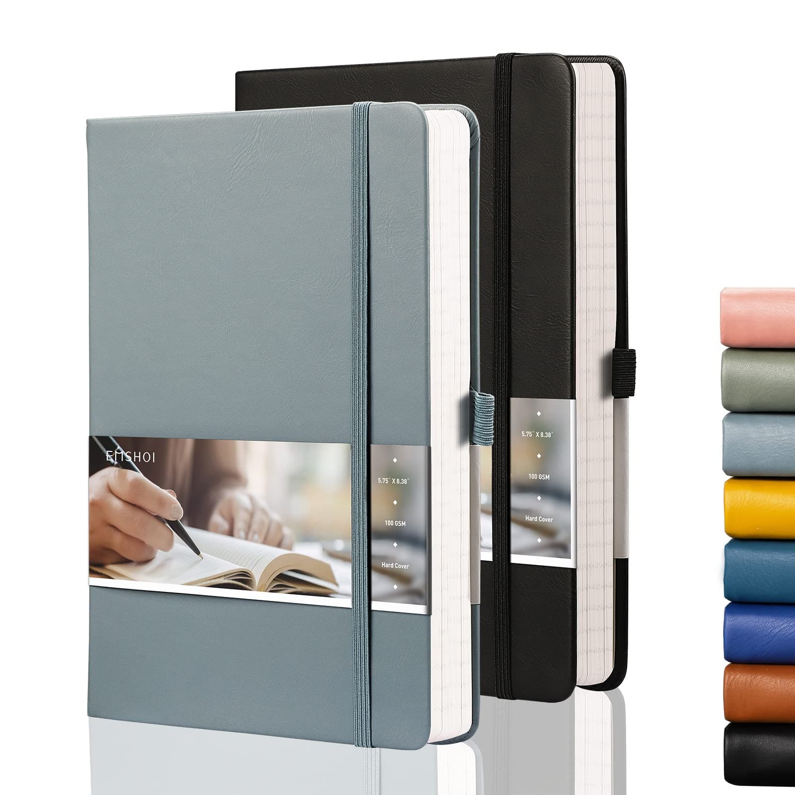 EMSHOI Thick Lined Journal Notebook, A5 Hardcover Leather Journal with 384 Numbered Pages for Writing,100gsm Lined Paper, for Women Men Work Office School,14.5 x 21cm - Black GrayBlue