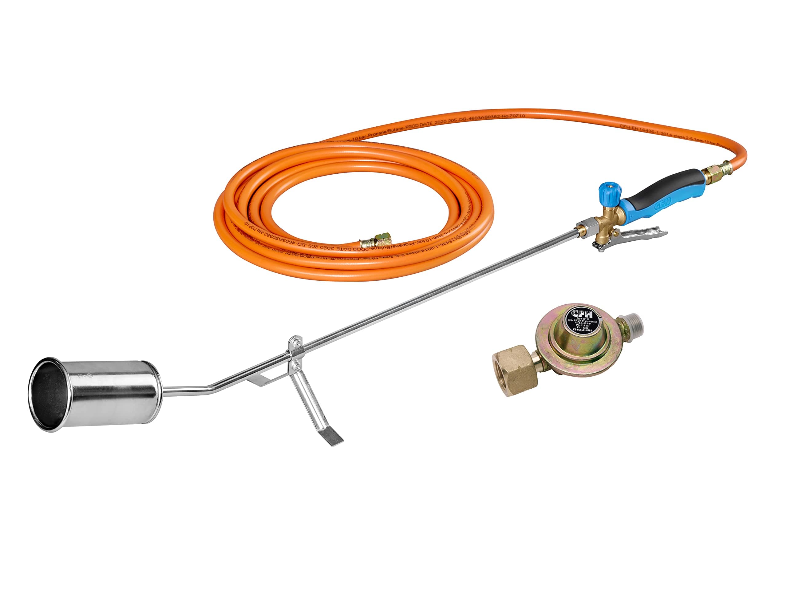 CFH GV 900 Flame Device with Gas Pressure Regulator DR 114 and Gas Hose - Weed Burner Gas Application 2.5 Bar with 3/8 Inch Connection, Ideal for Weed Elimination, Tar and Pond Film Work, TÜV SÜD GS