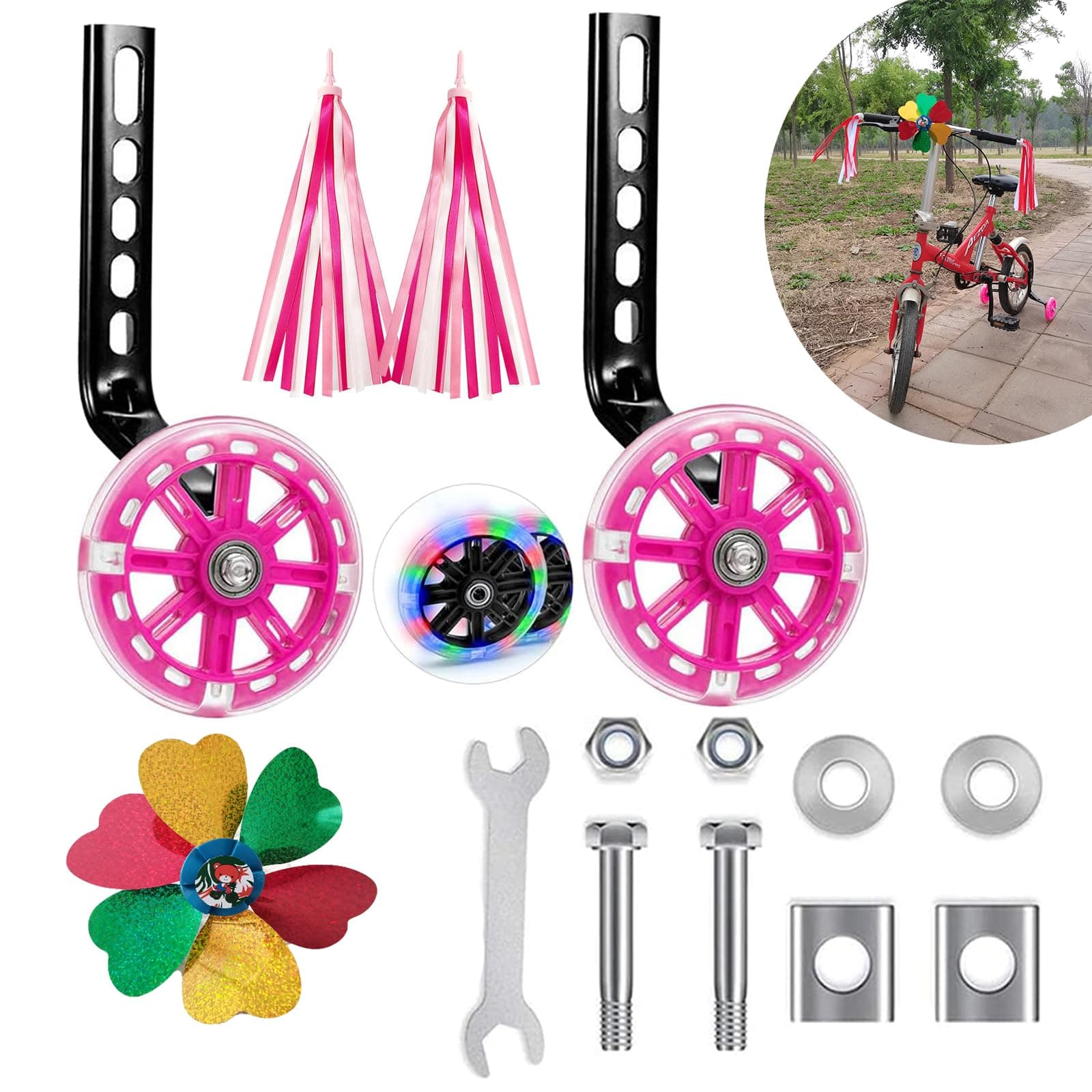 Training Wheels,Flash Mute Wheel Mounted Kit,We added small windmills and streamers to bring more joy to children while riding,Suitable for 12 14 16 18 20 inch Single Speed Bicycles