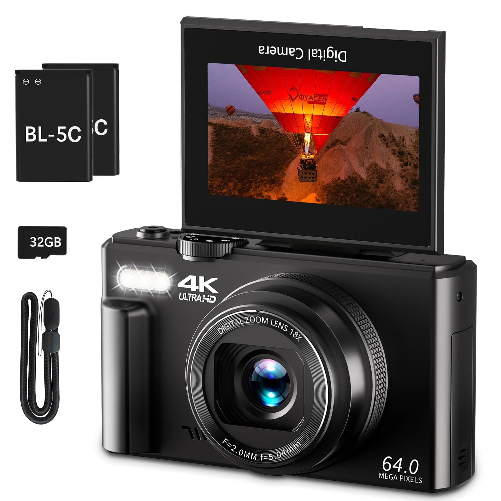 4K Digital Camera for Photography, 64 MP Vlogging Camera for YouTube with 3 Inch (7.6 cm) 180° Flip Screen, 18X Zoom Digital Camera and Shooting Camera with 32 GB Micro SD Card