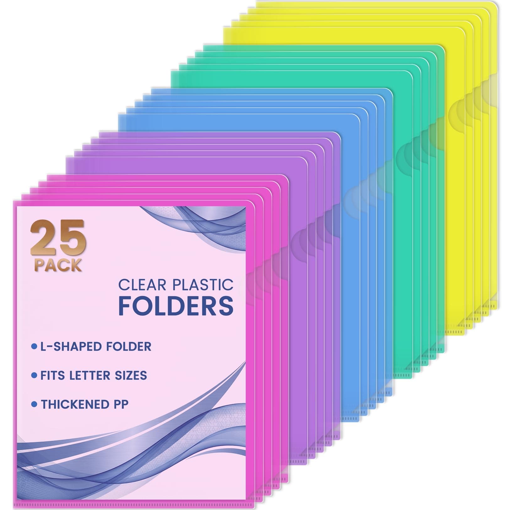 Sooez 25 Pack Clear Document Folder Project Pockets, Clear Plastic Folders Letter Size Plastic Document Folders Paper Poly Jacket Sleeves Folders Copy, 5 Assorted Colors