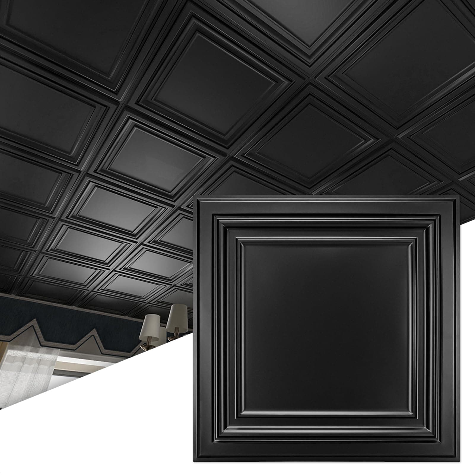 Art3d 12-Pack PVC Drop Ceiling Tiles (48 Sq.Ft), 24"x24" Decorative Panels for Home and Office, 2ft x 2ft, Matte Black
