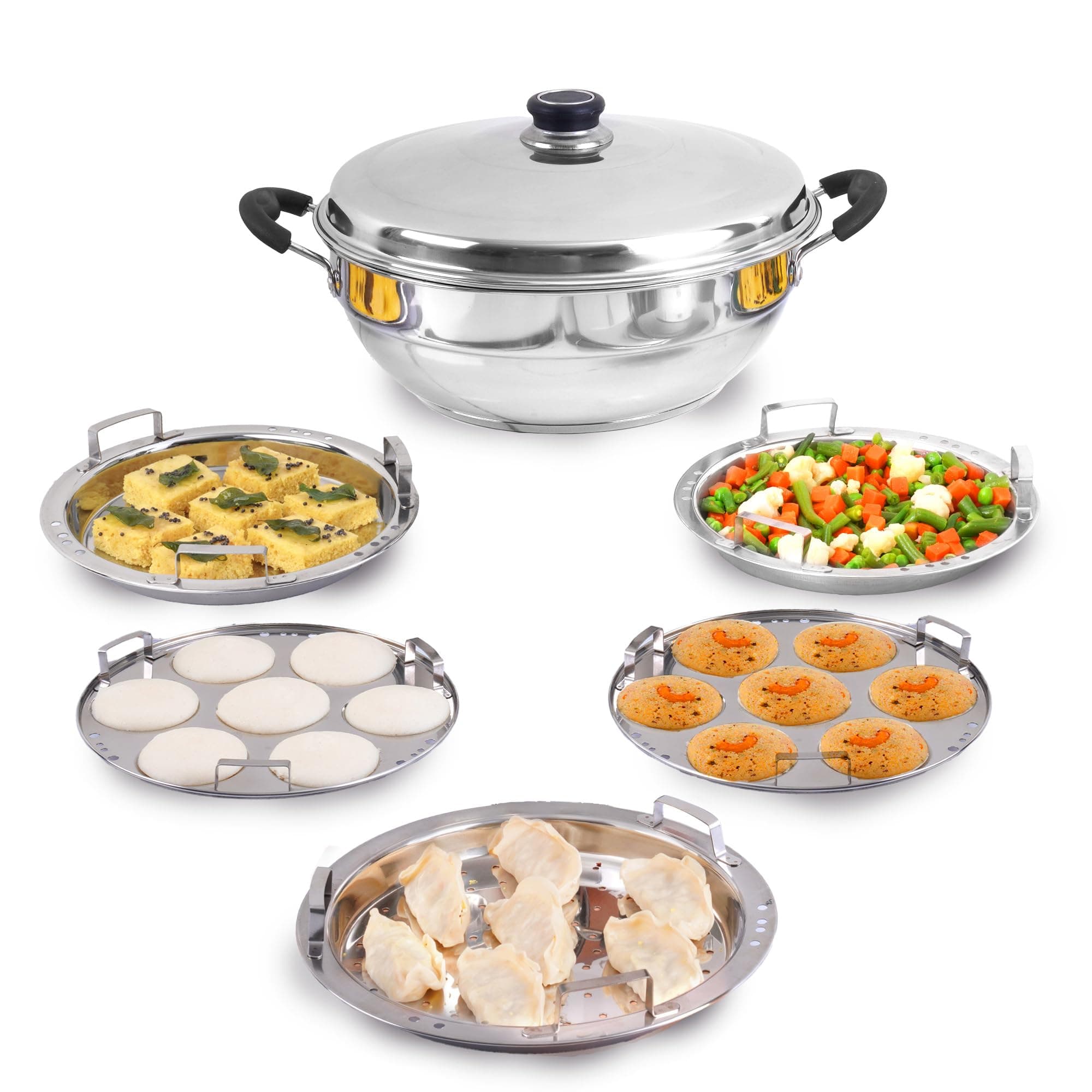 Stainless Steel Idli Maker/Momo Maker/Multi Kadai/Steamer Set|Large, 5 Plates, 2 Idli|2 Dhokla|1 Steamer|29Cm/11.3 Inch, 4.2Ltr, 2.5Kg|3-Layer Thick Bottom|Induction Friendly