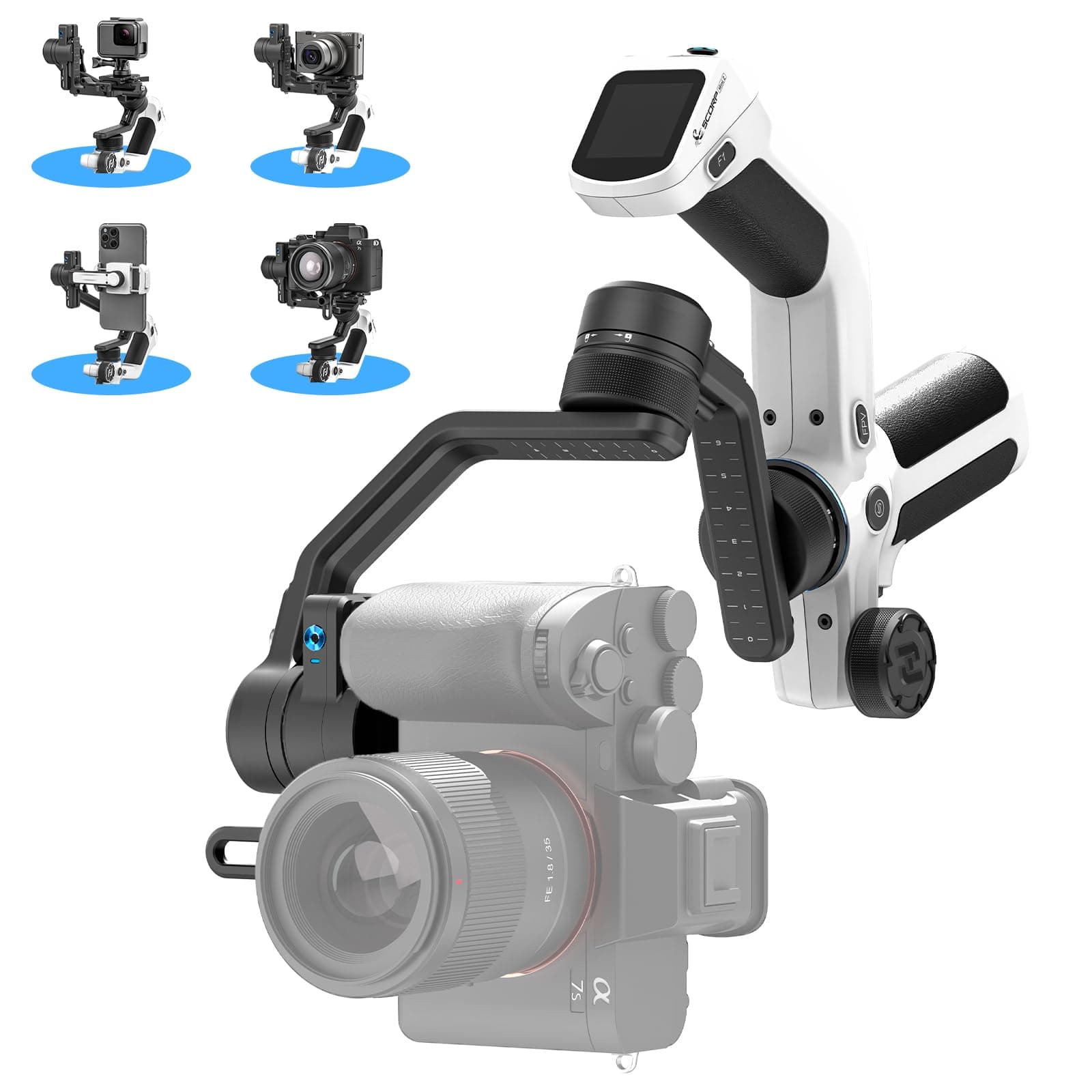 Feiyu SCORP Mini-2 All-in-1 Gimbal Stabilizer Mirrorless Cameras, Action Camera and Smartphones. Built in AI Facial Tracking Sensor | Gesture Control | Dual-Handle Grip | Payload 2.65 lbs - White