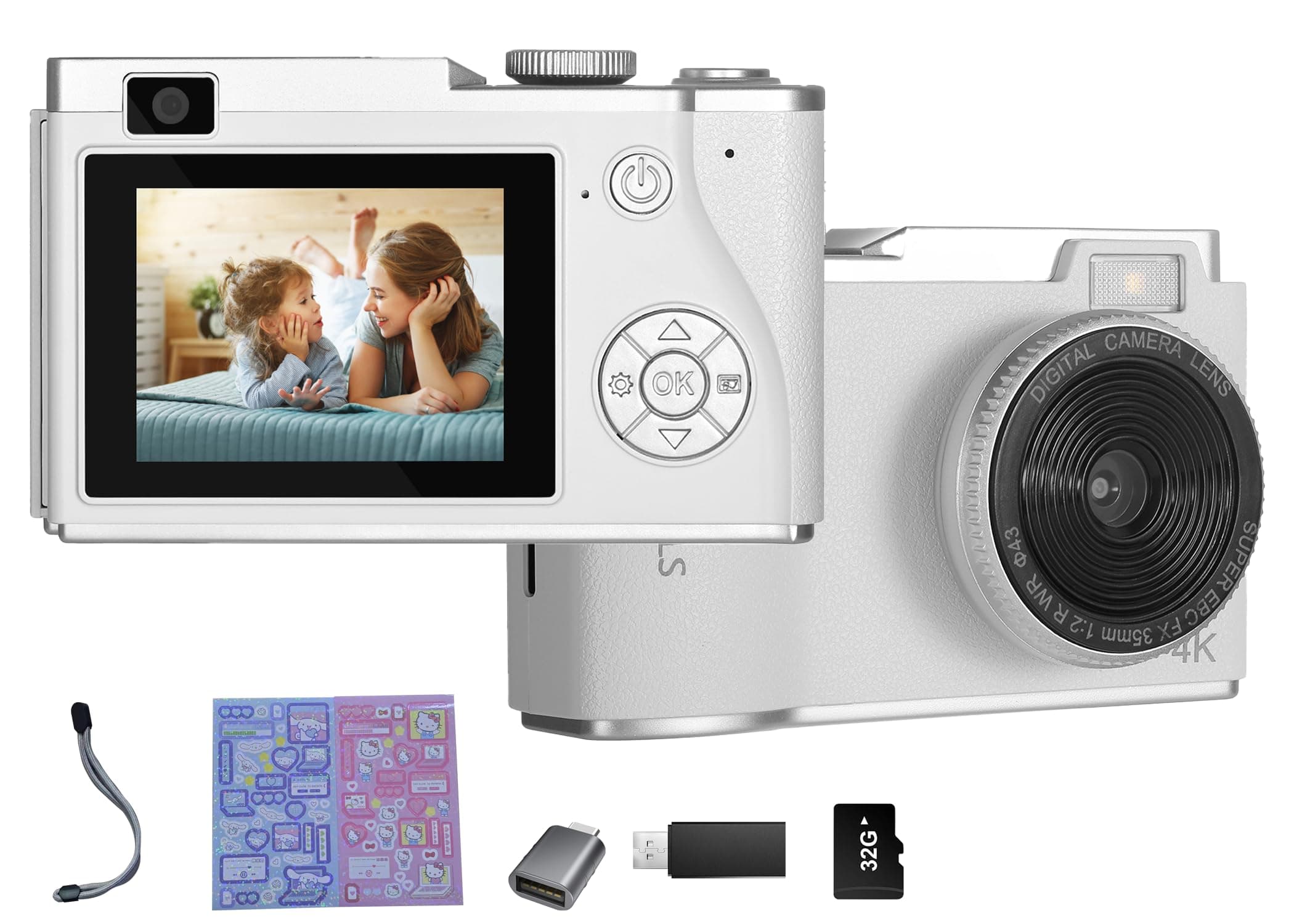 Digital Camera 2.4inch TFT Kids Camera with 8X Zoom Anti Shake Camera, Mini Camera Support Video/Selfie/Continuous Shooting,Supports up to 48 Million Pixels-Gifts for Kids (White)