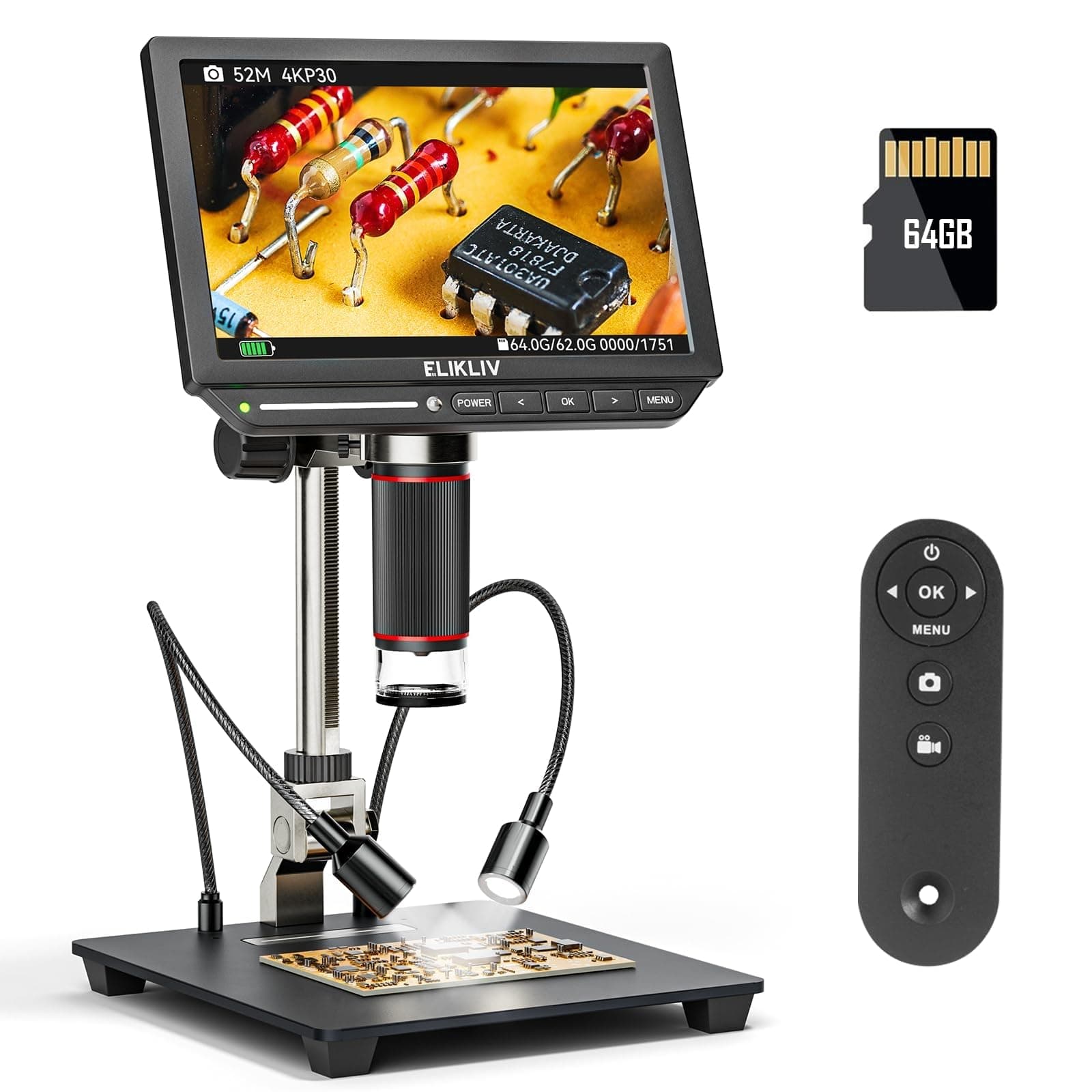 4K Digital Microscope, Elikliv EM4K 8" Coin Microscopes 2000x, 52MP HDMI Microscopes, Soldering Microscope for Adults, Micro scopes for Electronics Repair, 3840P UHD Video Micro socpe, 10" Stand, 64G