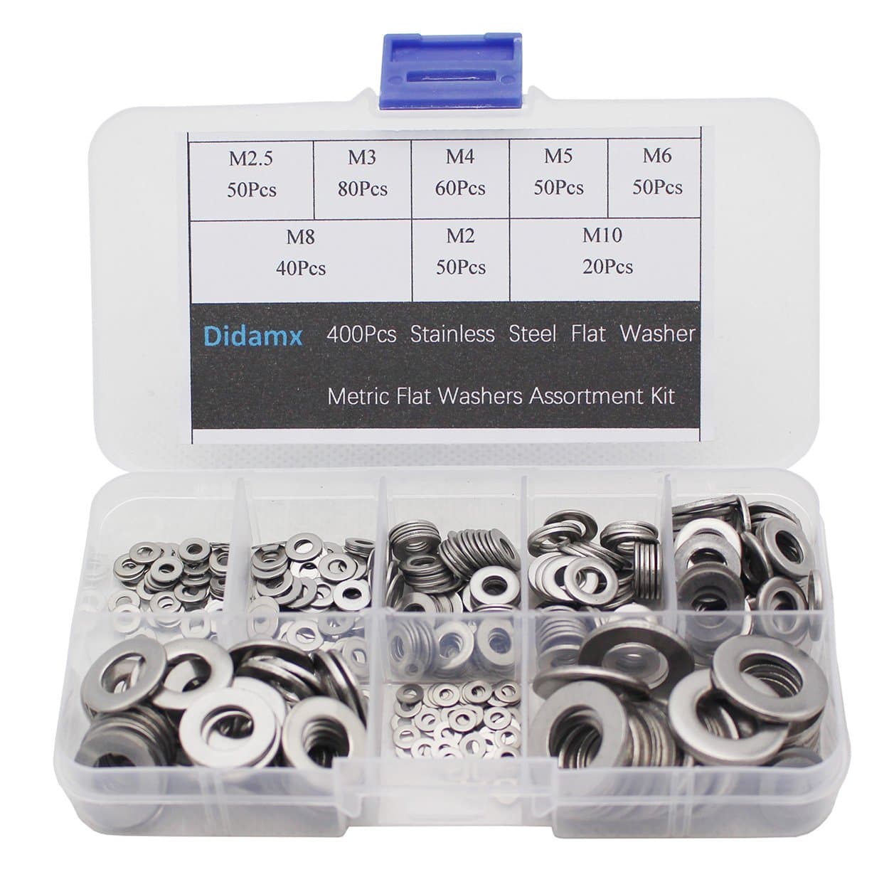 Didamx 400Pcs M2/M2.5/M3/M4/M5/M6/M8/M10 Stainless Steel Flat Washer Metric Flat Washers Assortment Kit