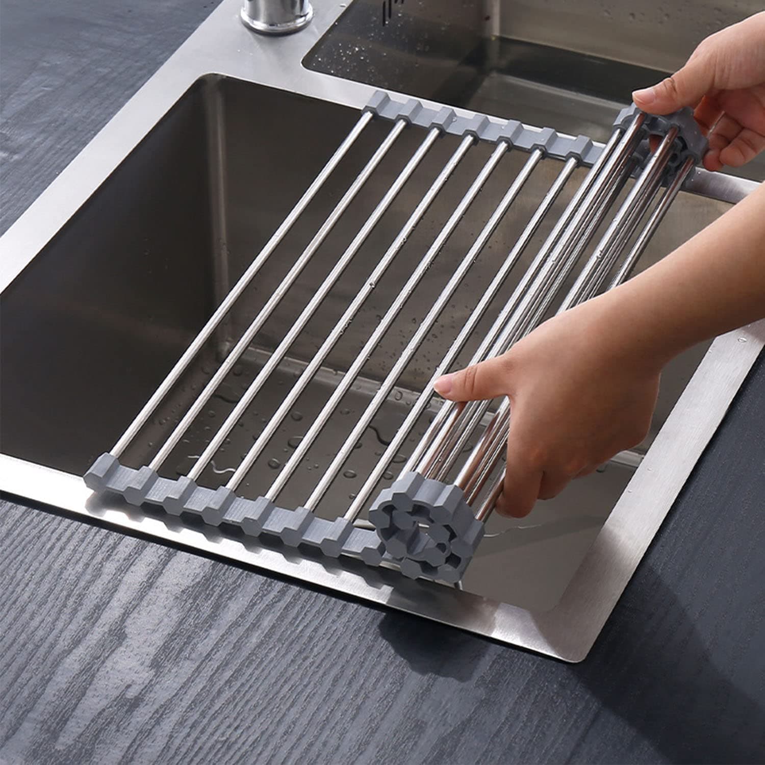 Dish Drainer Rack, Foldable and Removable Stainless Steel Dish Drying Over the Sink, Drying Mat, Sink Drainer Rack for Cups, Fruit, Vegetables, Super Kitchen Organiser (Grey 43 * 35cm)