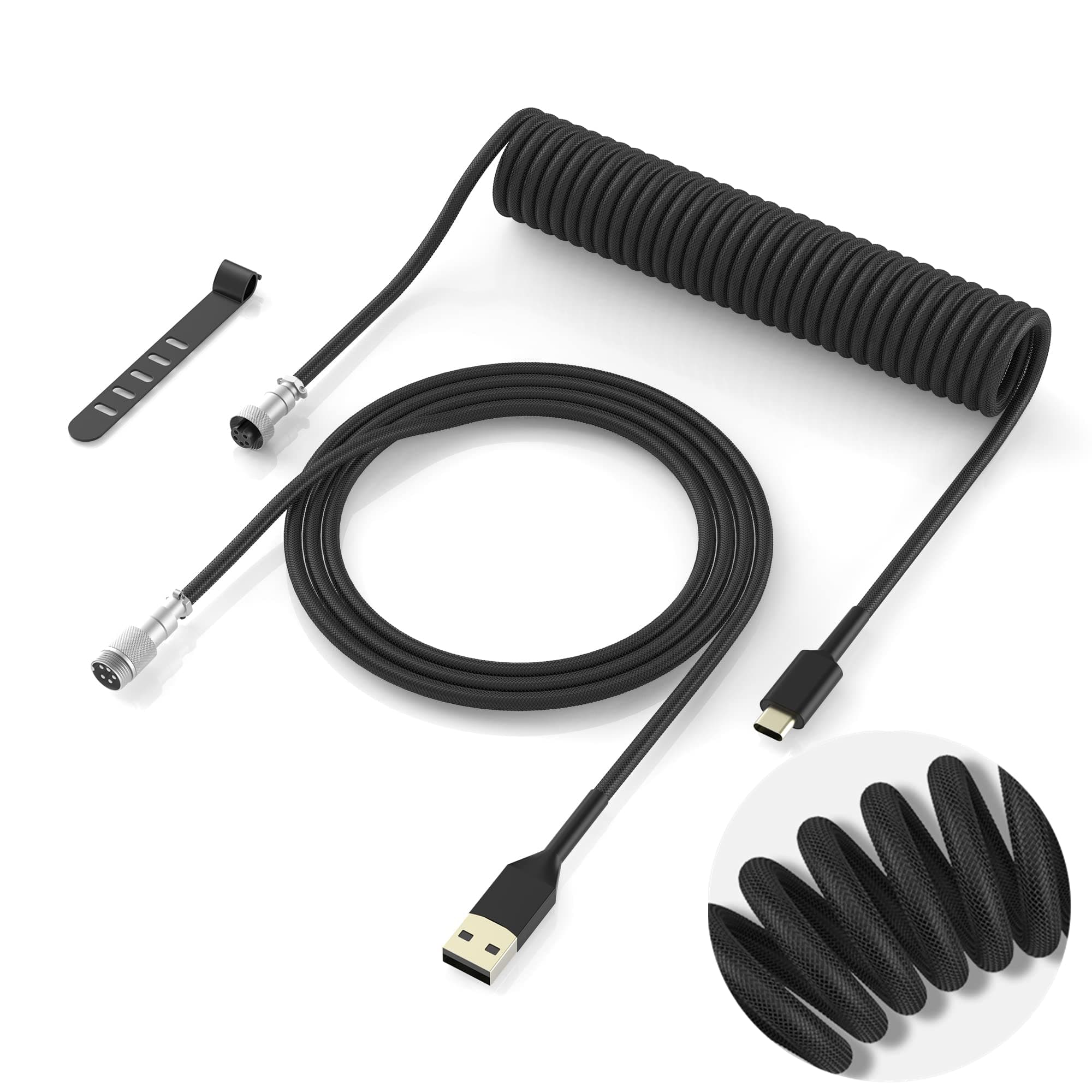 Womier Coiled Keyboard Cable - Detachable Aviator Coiled Cable for Mechanical Gaming Keyboard, Type C to USB A Mix 5.9in for Gaming Key Board and Cellphone, Black