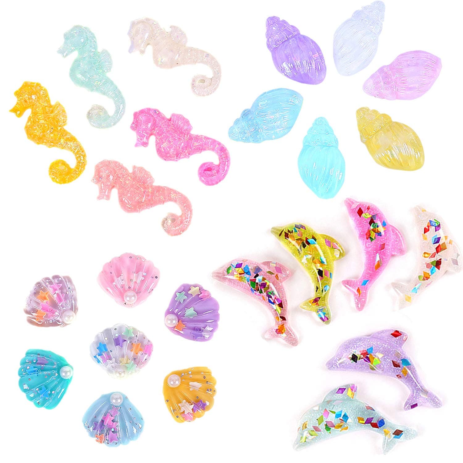 24 Pack Multi Glitter Ocean Animals Seashells Conch Dolphin Seahorse Slime Charms Slices Resin Beads Flatback Buttons for Craft Making Miniature Fairy Garden Accessories Scrapbooking Phone Case Decor