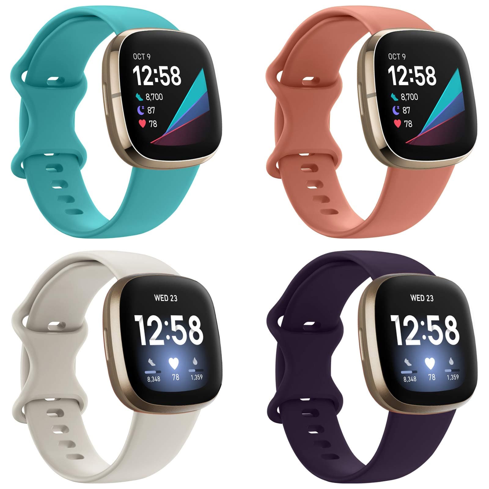 EZCO 4-Pack Sport Bands Compatible with Fitbit Sense / Versa 3, Soft Silicone Waterproof Breathable Watch Strap Replacement Wristband Accessories Women Man for Versa Sense Smart Watch