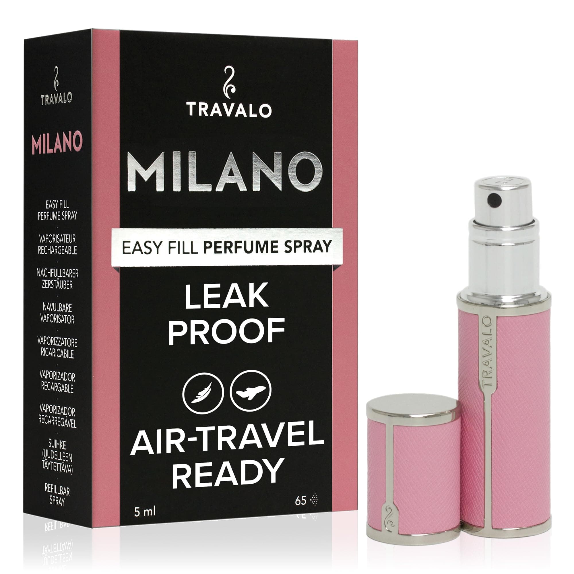 Travalo Milano Perfume Atomizer - Leak-Proof and TSA Approved for Air Travel - Reusable, Airtight, Easy Fill Mini Pump Sprayer - Lightweight Vegan Leather w/Polished Metal Outer Shell - Perfect Pink