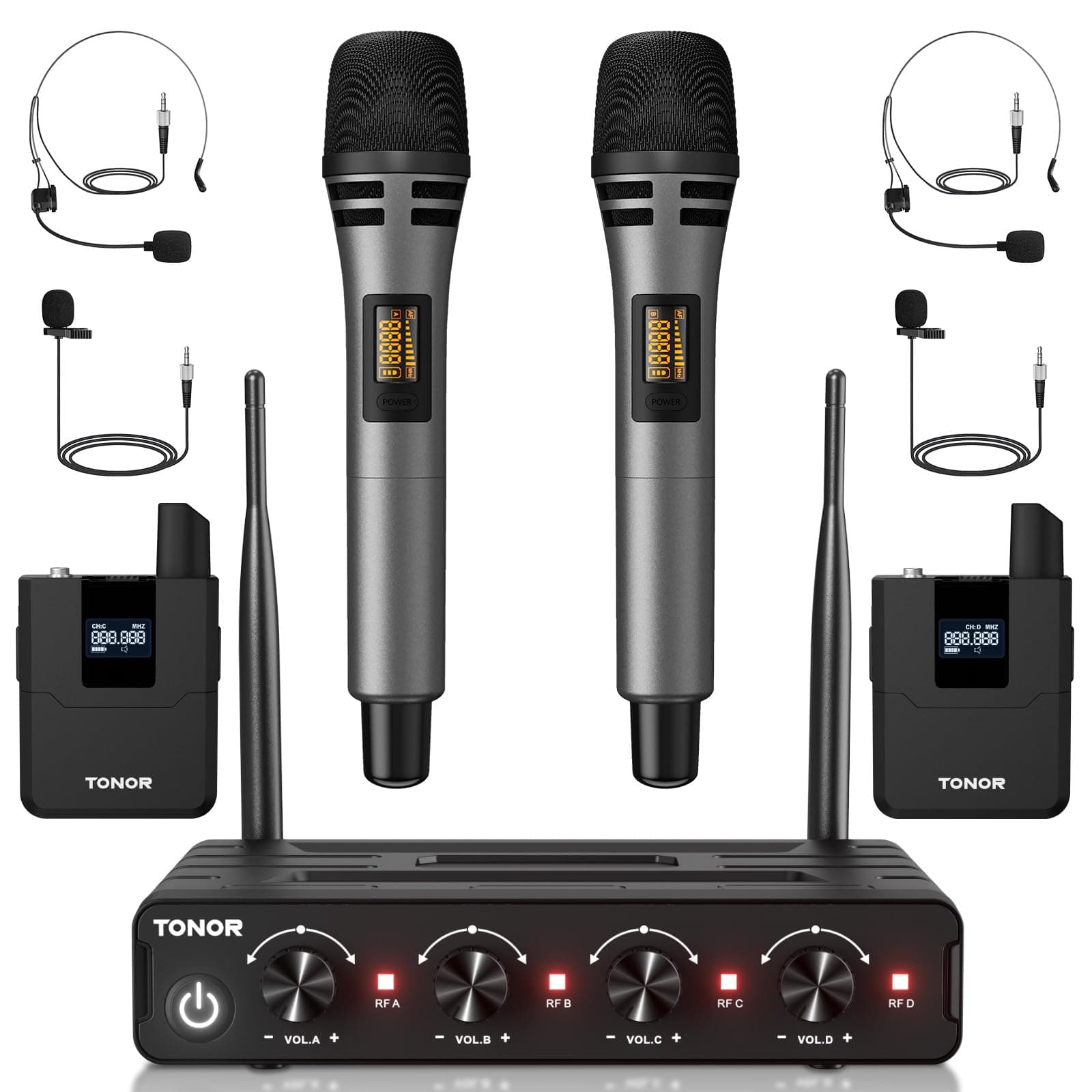 TONOR UHF Microphone Wireless Set with Handheld Microphone/Bodypack Transmitter/Headset Wireless Microphone/Lavalier Wireless Microphone, 4 x 5 Frequencies, 60 m Range for Vocals Karaoke PA System