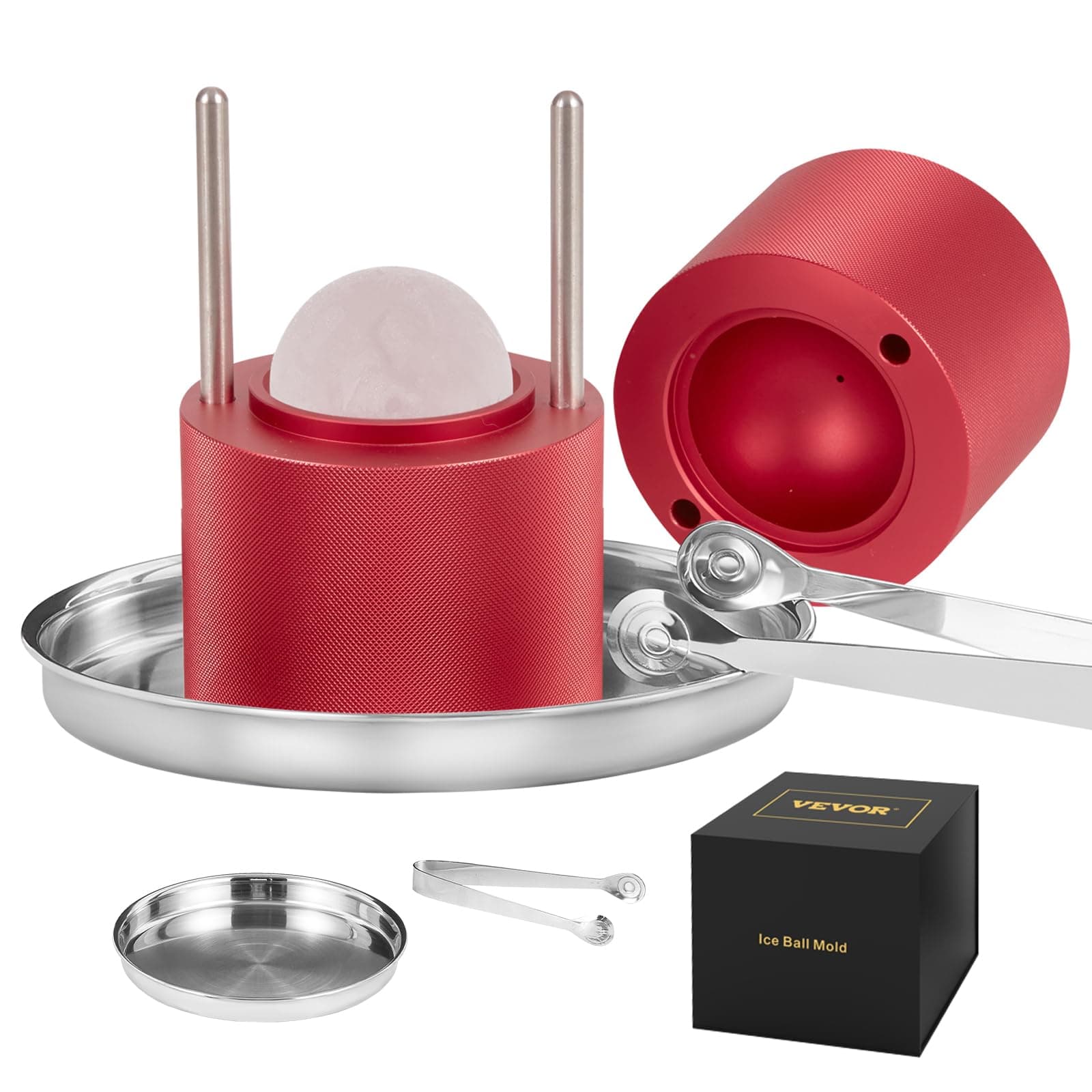 VEVOR Ice Ball Press, 2.4" Ice Ball Maker, Aviation Aluminum Ice Ball Press Kit for 60mm Ice Sphere, Ice Press with Tong and Drip Tray, for Whiskey, Cocktail, Bourbon, Scot on Party & Holiday, Red