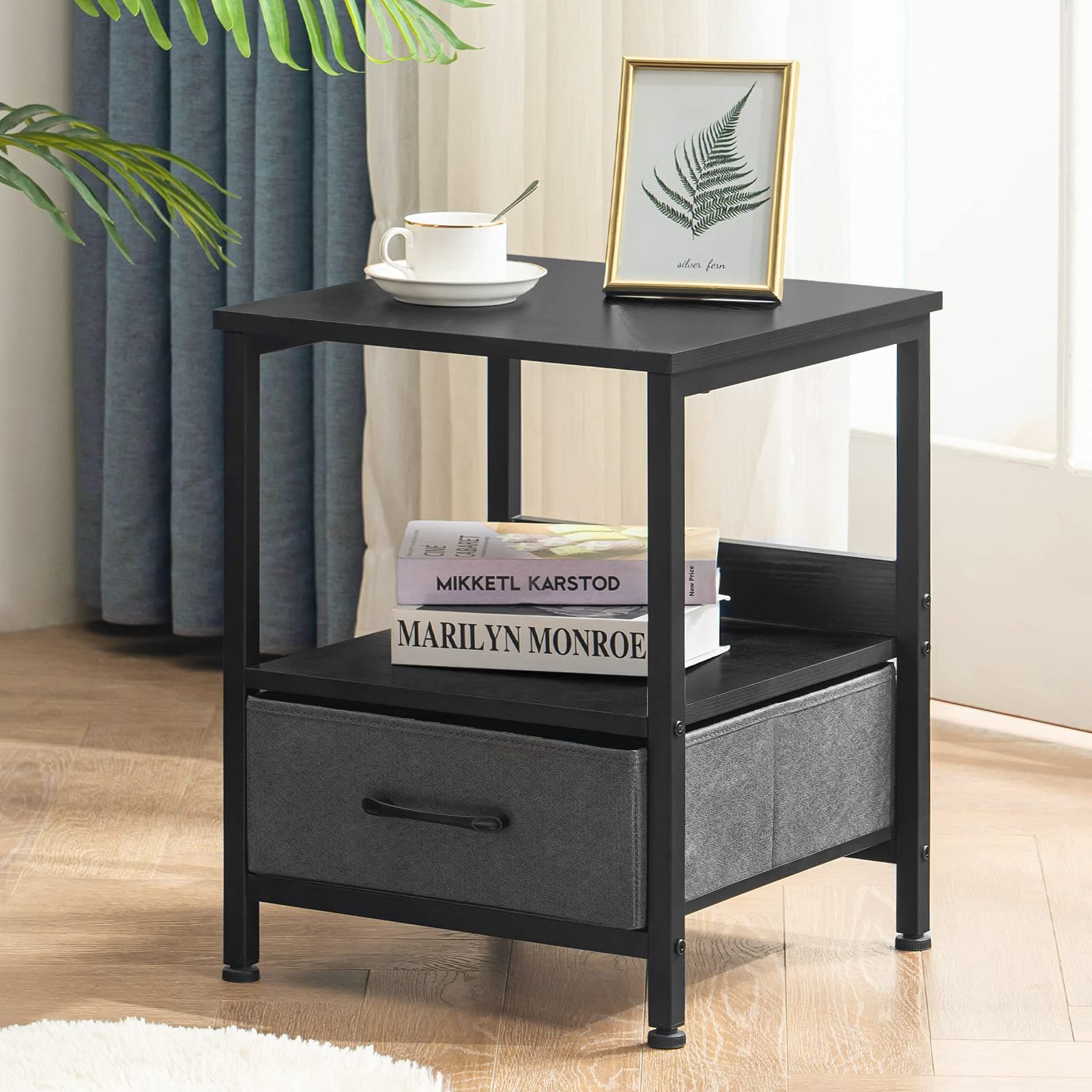 ApicizonNightstand, Industrial End Table with Removable Drawer and Shelf, Rustic Side Table, Sofa Table for Bedroom and Living Room, Black