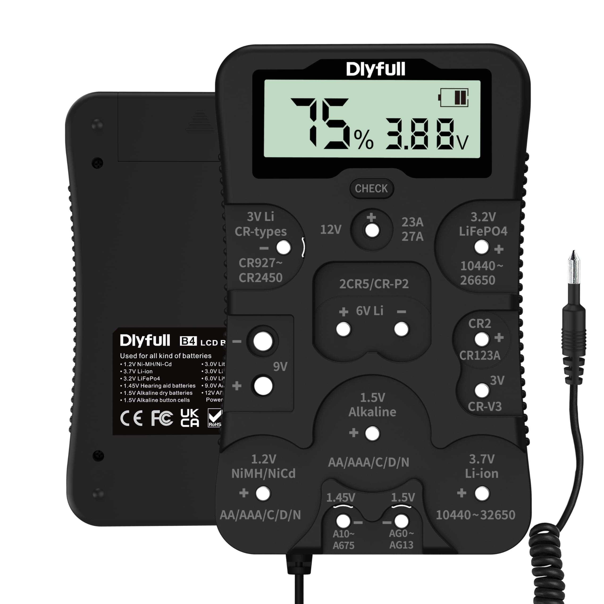 Dlyfull Battery Tester, LCD Display Universal Battery Checker for for Ni-MH, Ni-CD, Li-ion, Alk & LiFe04 Batteries(AA AAA C D 9V 12V 18650 CR123A 2CR5 CR2032 Cells), 2X AAA Batteries Included