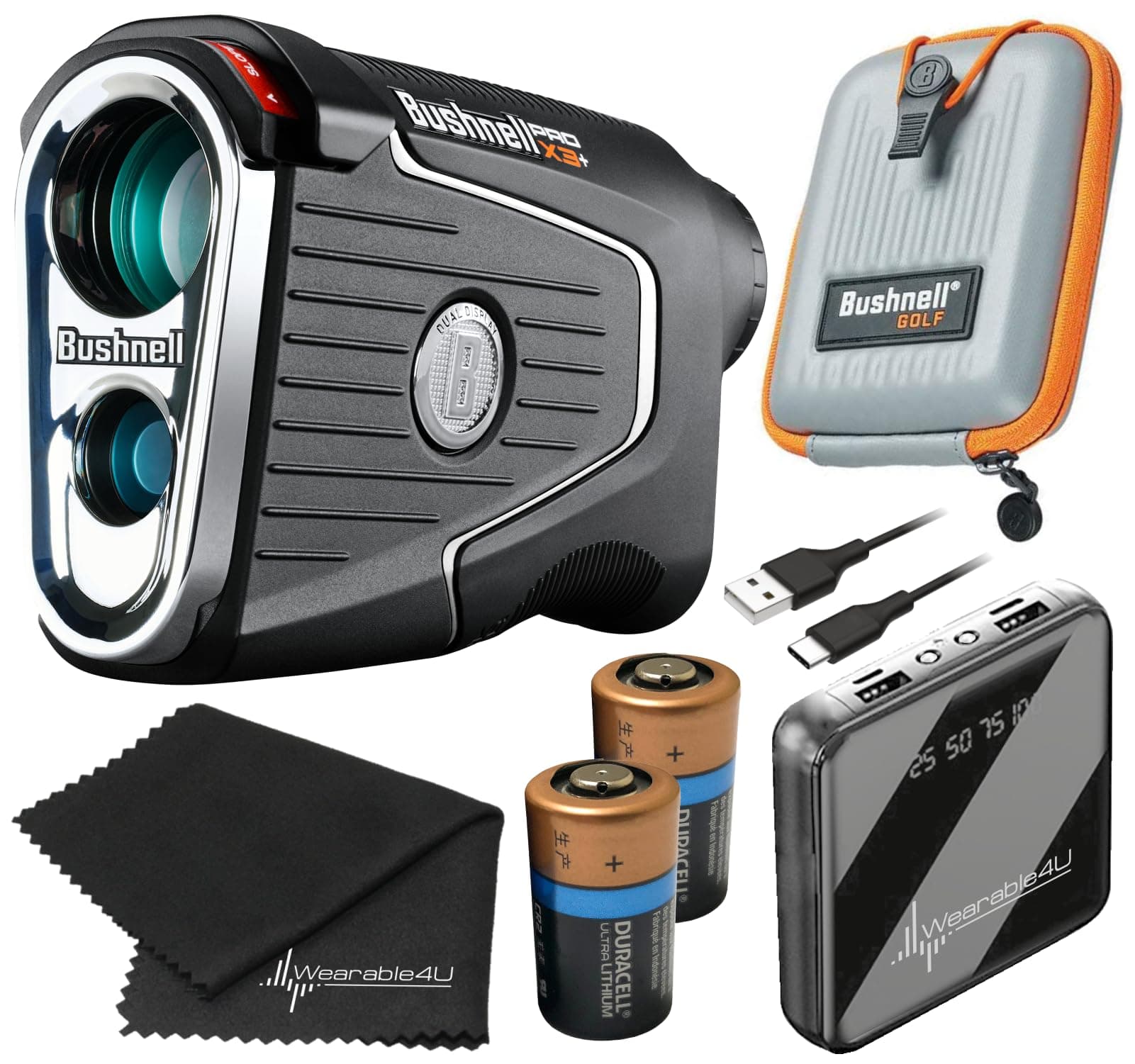 Bushnell PRO X3 / Pro X3+ (Plus) Advanced Laser Golf Rangefinder with Included Carrying Case, Carabiner, Lens Cloth, and Selected Wearable4U Bundle