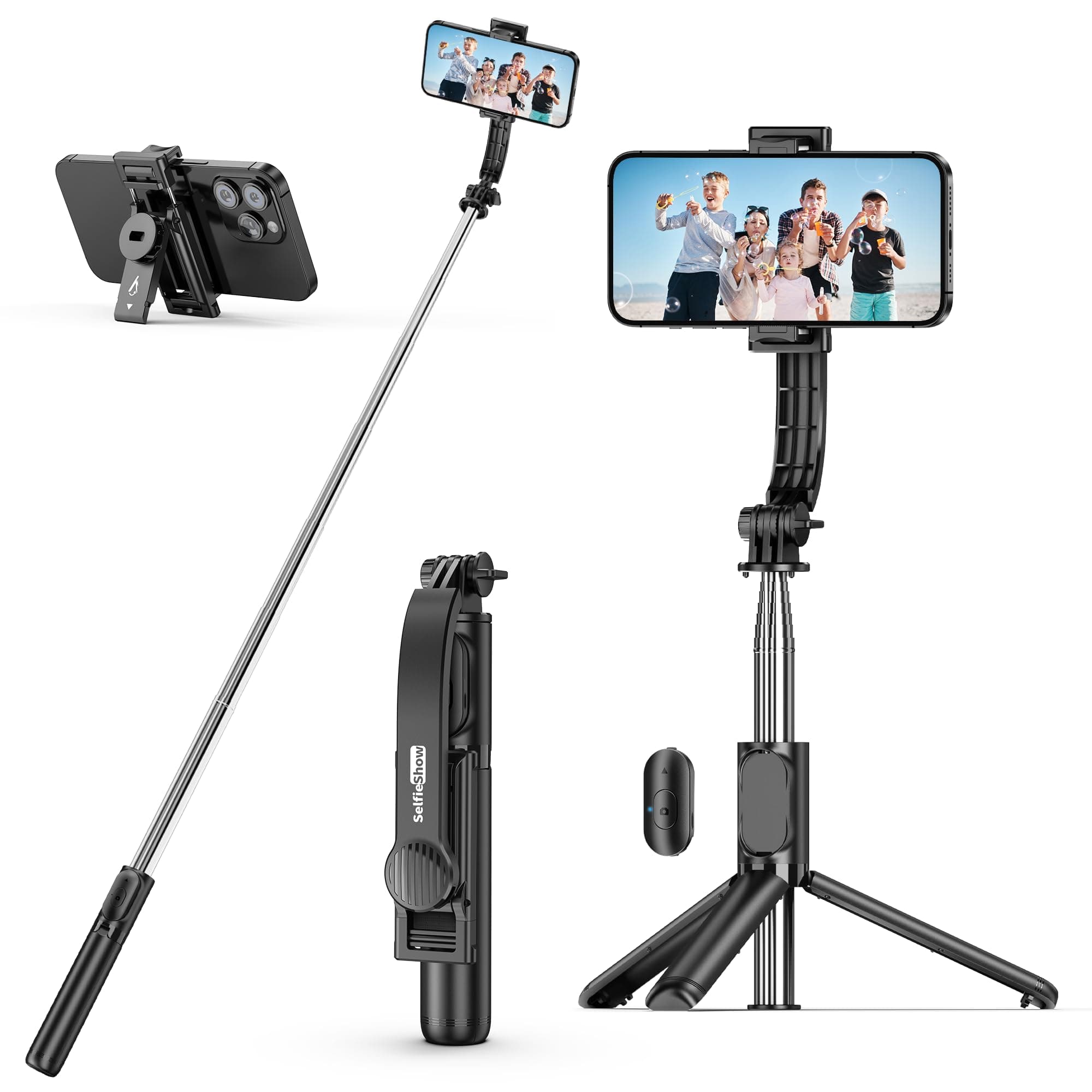 SelfieShow Selfie Stick, Extendable Selfie Stick Tripod with Wireless Remote and Tripod Stand, Portable, Lightweight, Compatible with iPhone 17 16 15 14 13 12 Pro Xs Max/Samsung Smartphone and More
