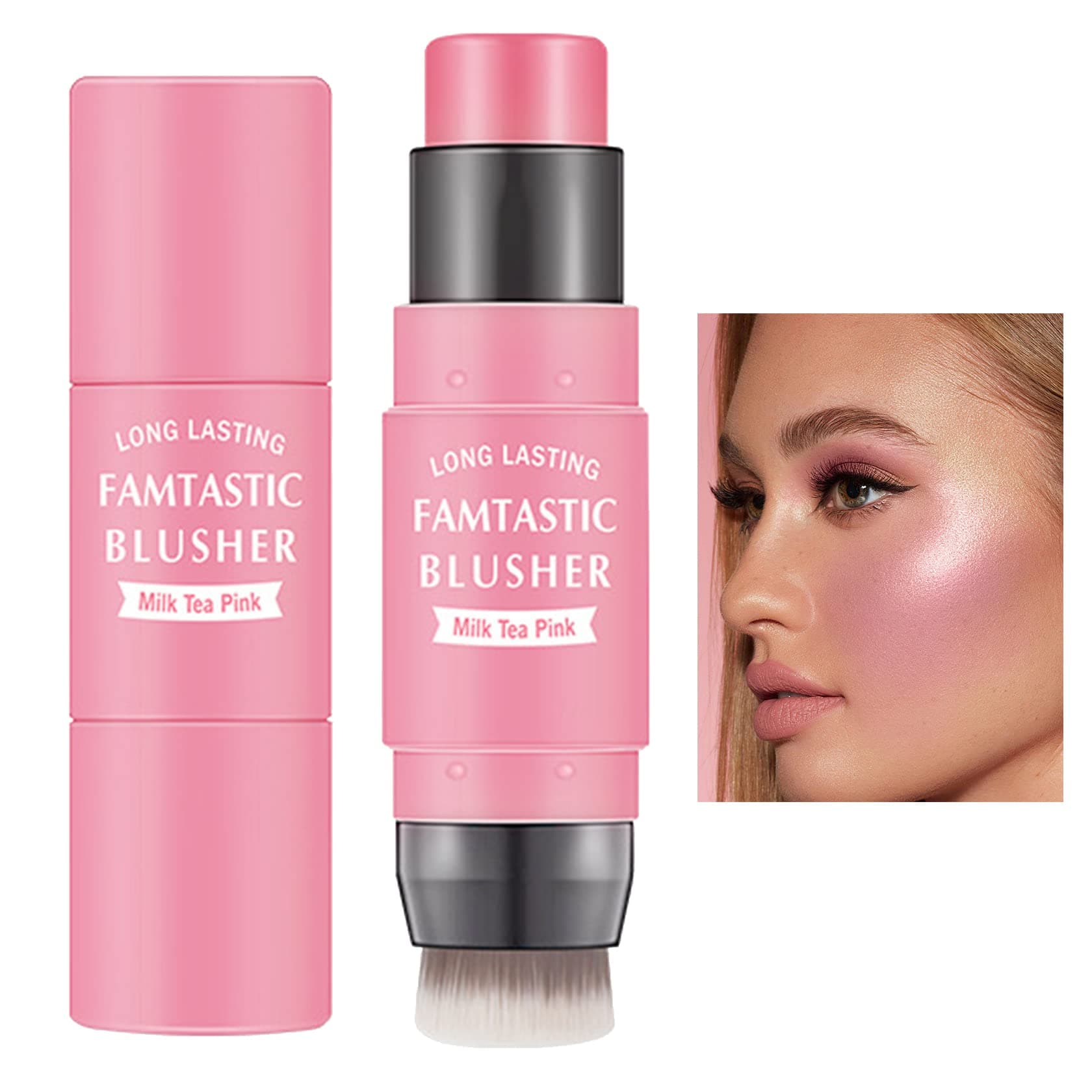 Cream Blush Stick with Brush,Waterproof Multi Cream Makeup Stick,Lightweight,Long-lasting,2 in 1 Multi Blush for Cheeks & Lip Tint & Eyeshadow Makeup(#01 Milk Tea Pink)