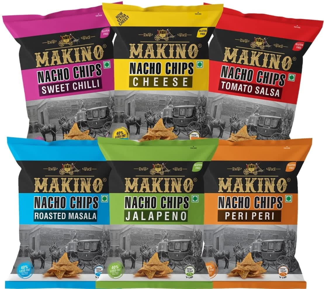 Makino Corn Chips Nachos Pack of 6 (60g Each) | Assorted Healthy Snacks & Low Calorie Munch | Nachos Chips in Fresh Flavors: Cheese, Jalapeno, Sweet Chilly, Peri Peri & Salsa | 40% Less than Regular Potato Chips | No MSG & Zero Human Touch Technology