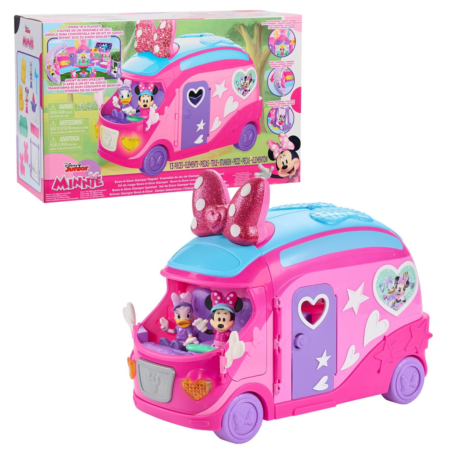 Disney Junior Minnie Mouse Bows-A-Glow Rolling Glamper 13-piece Figures and Playset, Kids Toys for Ages 3 Up, Amazon Exclusive by Just Play