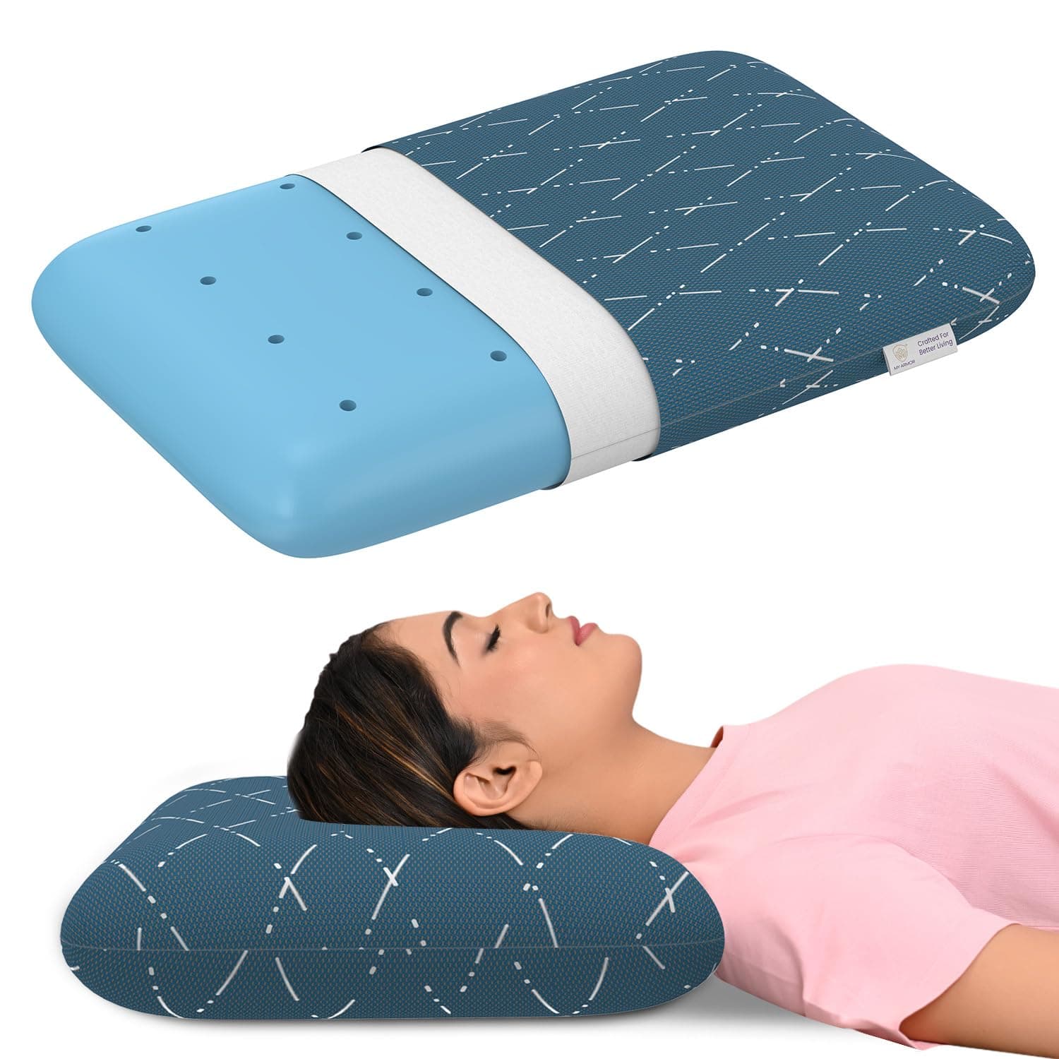 MY ARMOR Cool Gel Memory Foam Pillow for Sleeping, Neck Support Pain Relief Queen Size - 4.5 Inch Thick with Removable Blue Checks Cover - Pack of 1