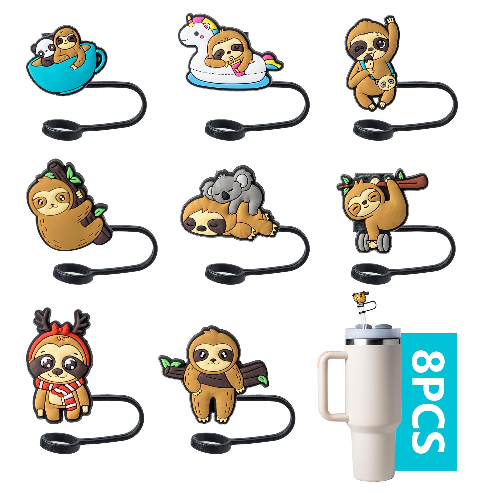 - 8-Piece Sloth Covers for Stanley Cup, 0.4in/10mm Diameter Straw Toppers Cap,Compatible with Stanley 20 30&40 0z Cup, Dust-Proof Straw Caps for Water Bottle