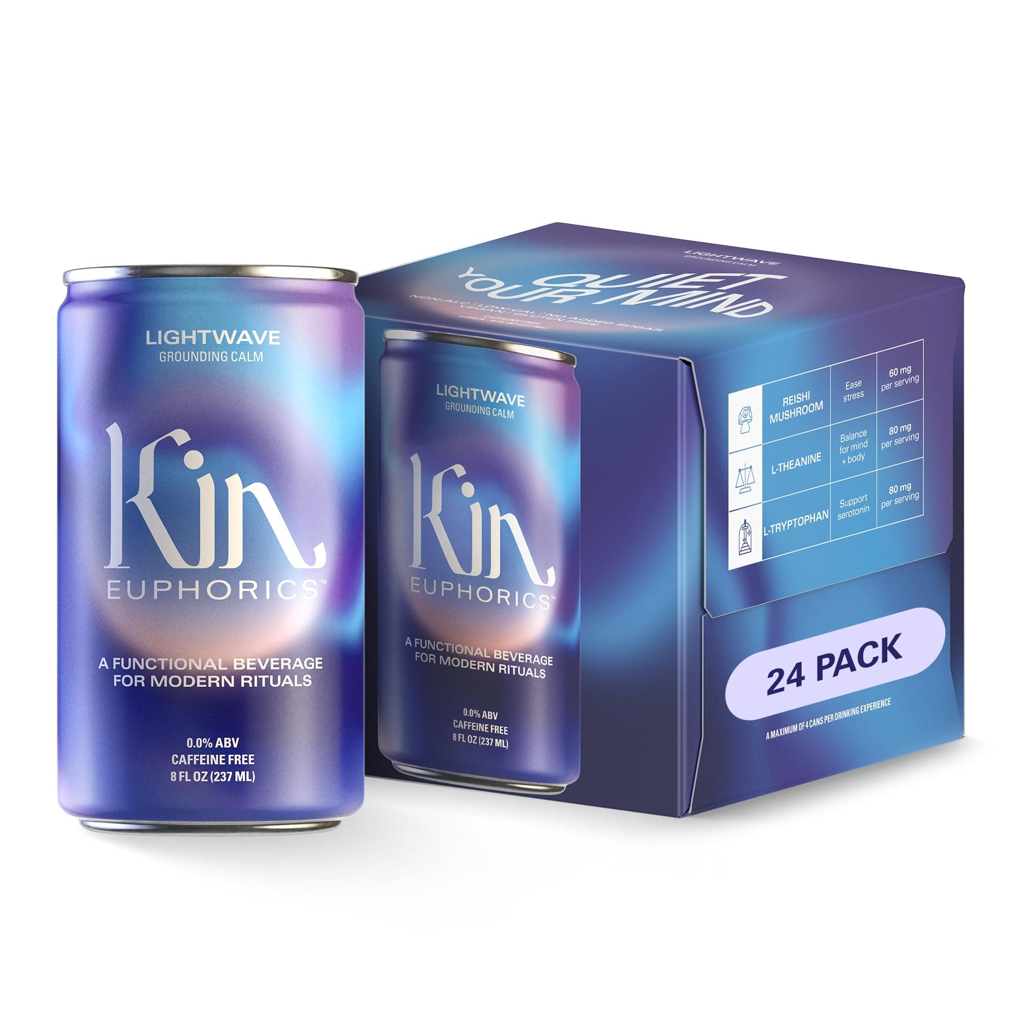 Kin Euphorics Lightwave Non-Alcoholic Functional Beverage | Calm the Mind & Mellow the Mood | Adaptogens, Nootropics, Reishi Mushroom & L-Theanine | 8 Fl Oz (24pk)