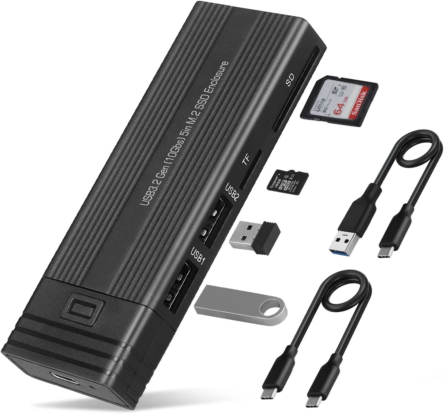 XLT M.2 NVMe SSD Enclosure Adapter Tool-Free, USB 3.2 Gen 2 10Gbps HDD Adapter MKey(B+M Key) SSD Reader, with 2 Port USB Type-A and SD/TF Cardread, Support UASP Trim for 2242/2260/2280