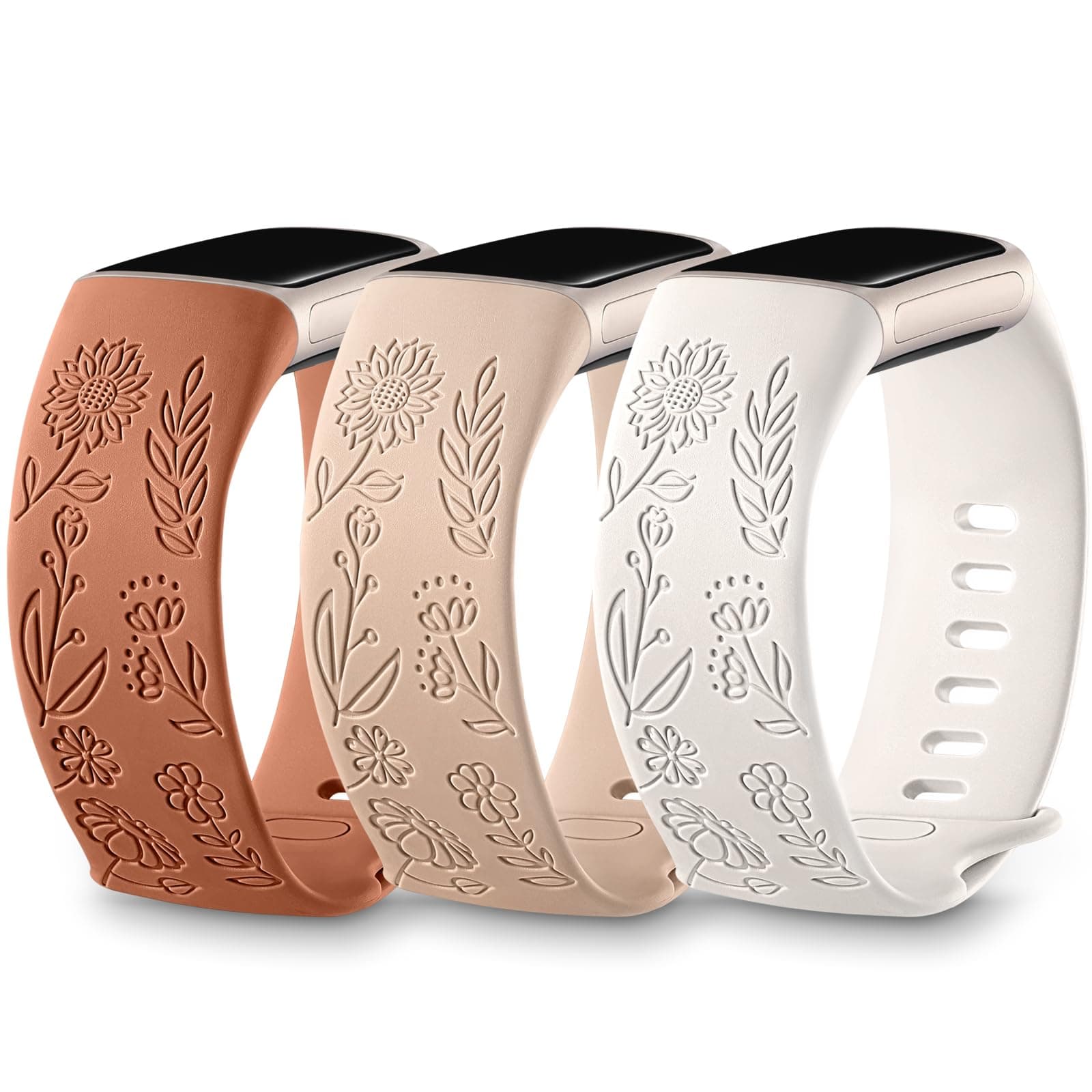 DaQin 3 Pack Sunflower Engraved Band Compatible With Fitbit Charge 6/5 for Women Men, Cute Laser Soft Sport Replacement Strap