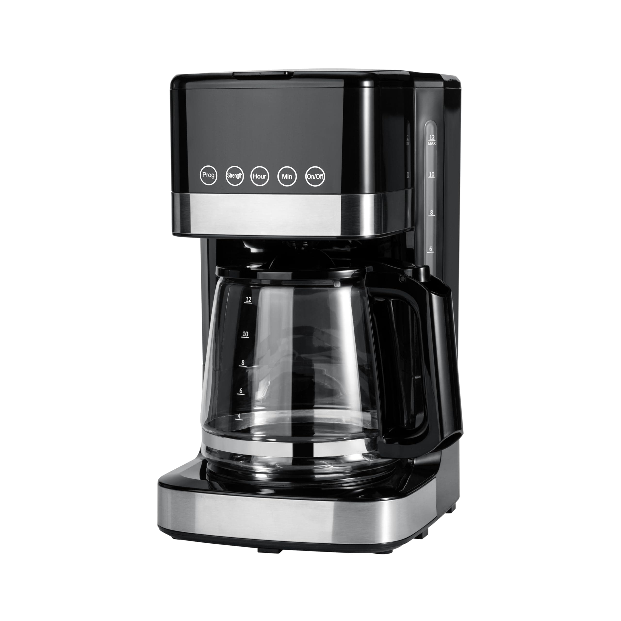 Programmable 12 Cup Drip Coffee Maker with Glass Coffee Pot (1.9 Qt), Auto Shut-off, Touch Screen, Auto Pause, Removable Filter Basket, Black & Silver