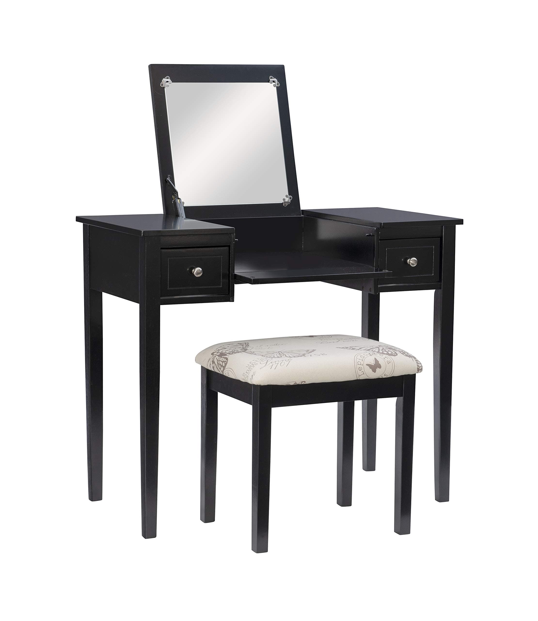 Home Dcor Linon Black Butterfly Stool Vanity Set with Bench, 36"w x 18"d x 30"h,