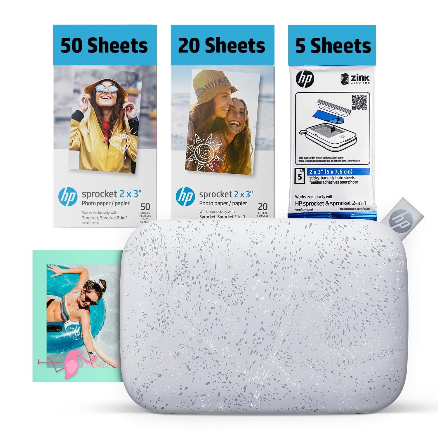 HP Sprocket 2x3 Instant Smartphone Photo Printer 75 Sheets Bundle - Bluetooth Portable Color Wireless Mobile Printer (White) Zink Sticky-Back Photos