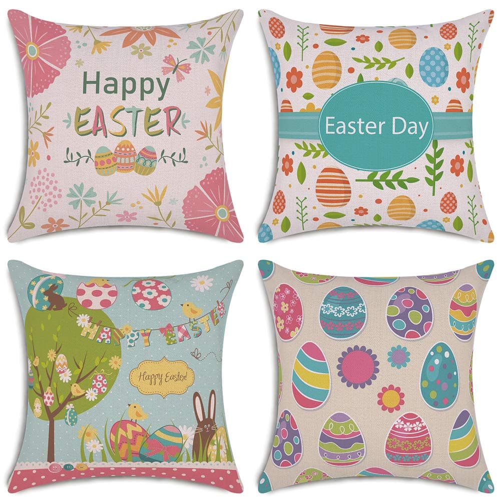 Easter Decorative Throw Pillow Covers - Set of 4, 18 x 18 inch - Cute Easter Bunny & Eggs Pillowcase Holiday Home Decoration