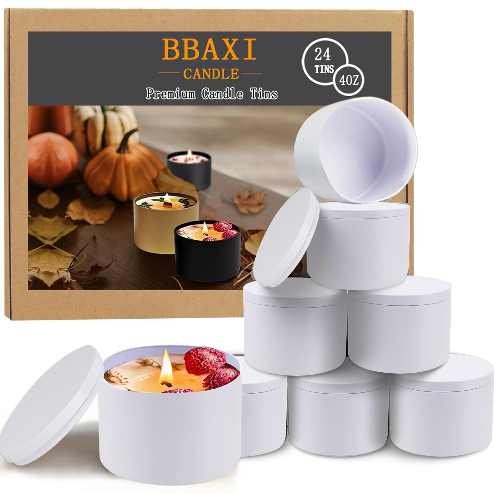 BBAXI 4 oz White Candle Tins 24 Pcs, Black Empty Candle Tin with Lids for DIY Candles Making, Matte Full White Candle Jars for Candle Making