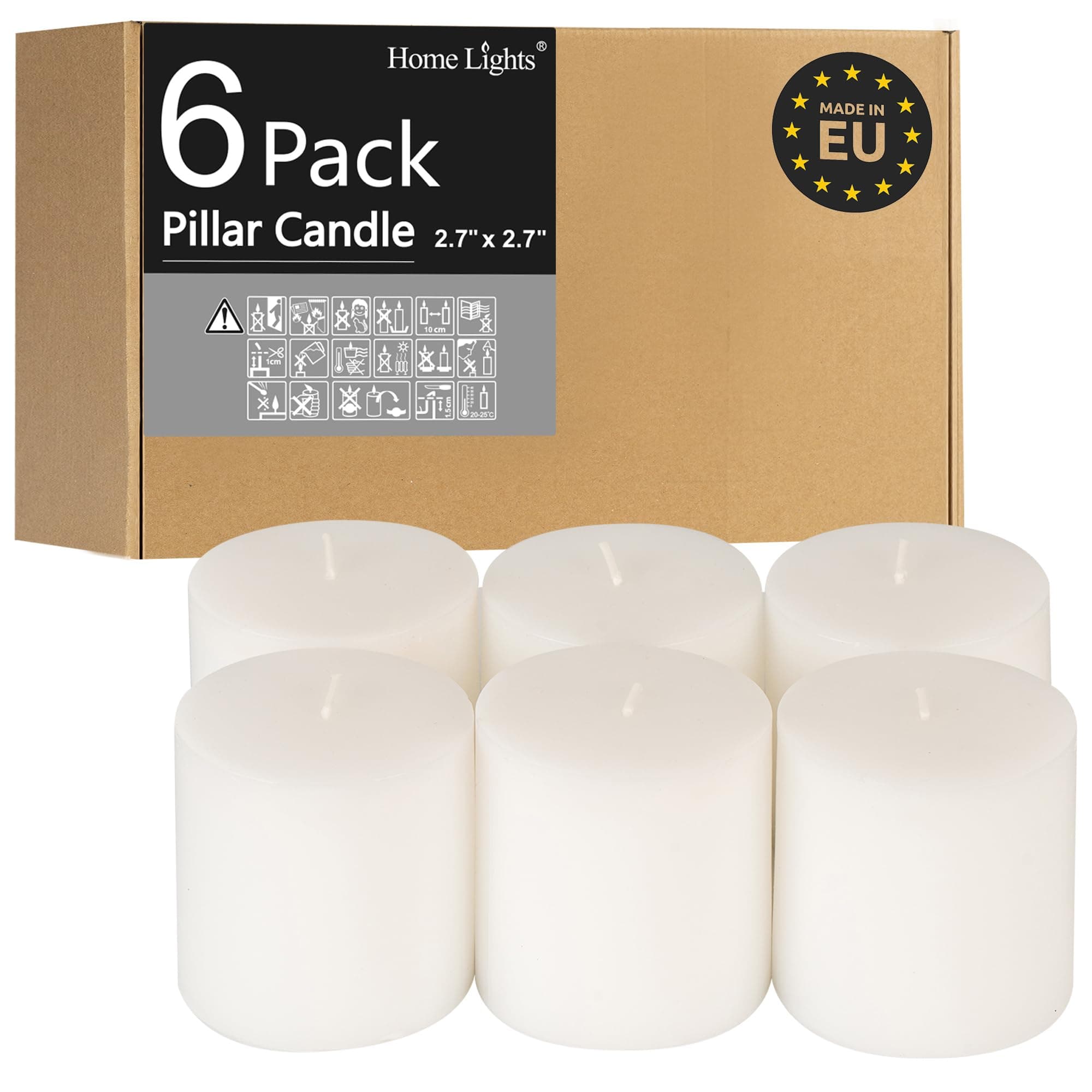 Pillar Candles - 2.7x3 inch | 30 Hours Burning, 6 Count - White Unscented Smokeless European Pillar Candles - Perfect for Wedding, Parties, Spas, Home Gatherings and Dinner