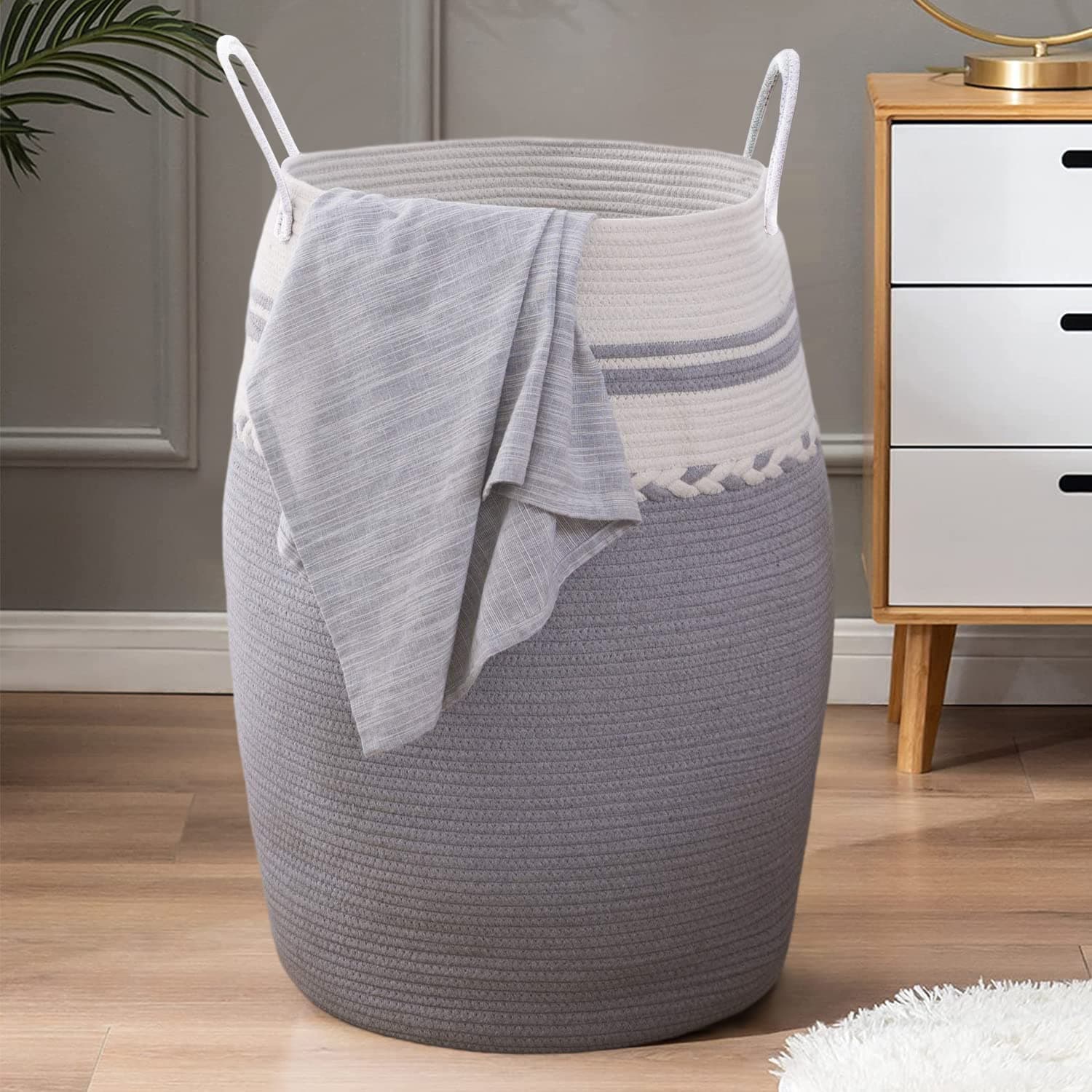 Laundry Hamper Woven Rope Large Clothes Hamper 65cm Height Tall Laundry Basket with Extended Handles for Storage Clothes Toys in Bedroom, Bathroom, Foldable