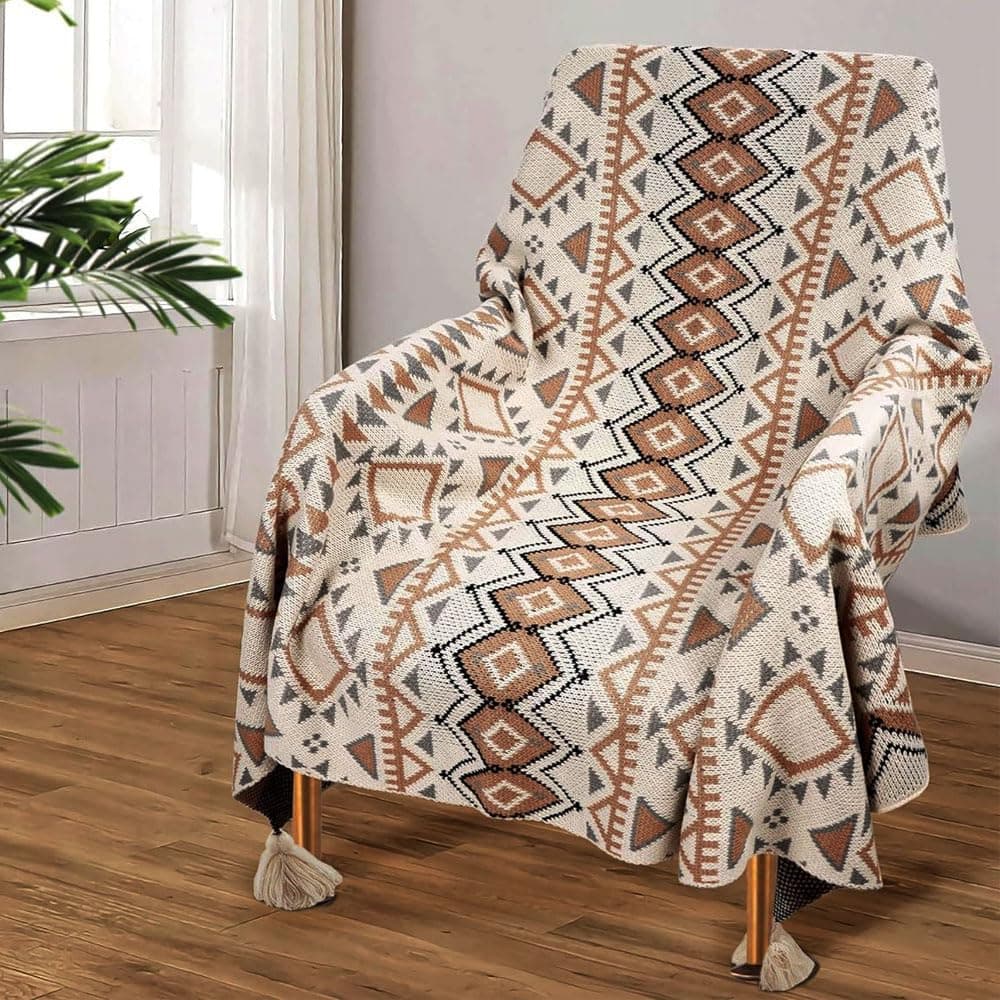 HOOTO Boho Knitted Throw Blanket with Tassel, Super Soft Cozy Lightweight Decorative Throw Blankets for Couch, Bed, Sofa, Outdoor Throw Blankets All Seasons 130x170CM