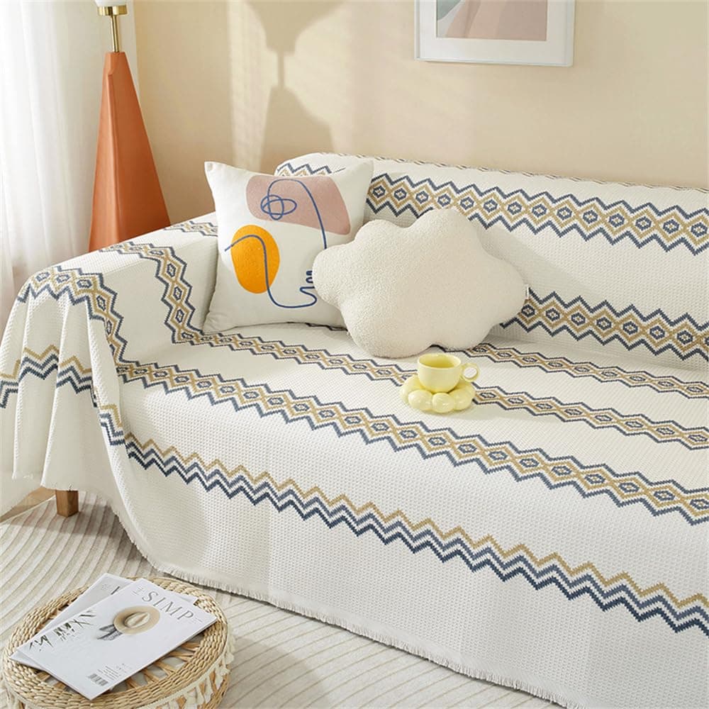 FANSU Throw for Sofa Large 1/2/3/4 Seater, Soft Beige Bohemia Throw Blanket Sofa Reversible Versatile Throw Decorative Blanket for Chair Settees Couch Sofa Bed (Geometry,3 Seat Plus(180x340cm)