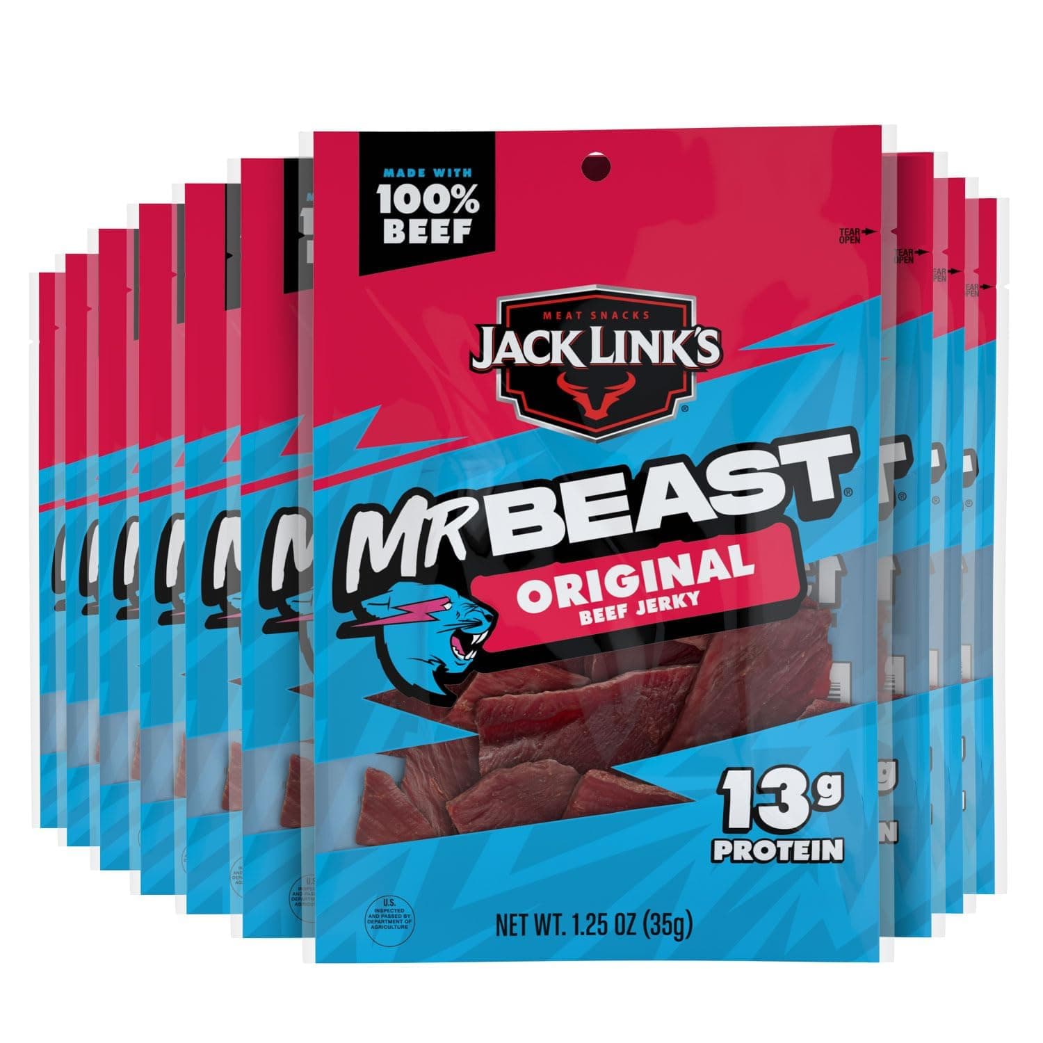 Jack Link's Meat Snacks Beef Jerky, Original, 1.25 Ounce (Pack of 10)