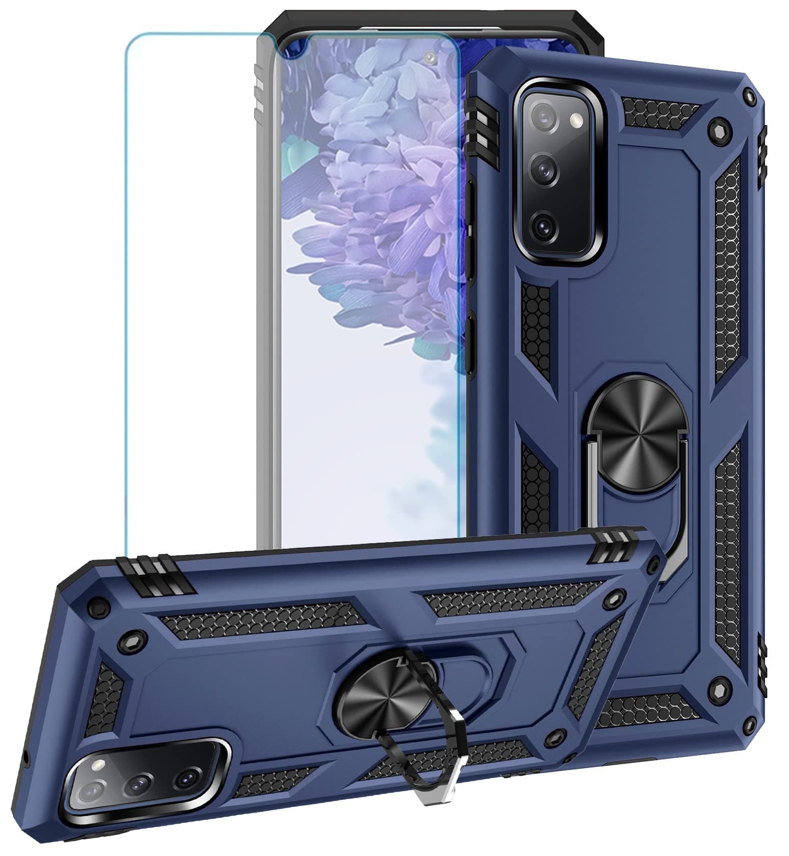 BanYakong for Samsung S20 FE Case,Galaxy S20 FE 5G Case,Military Grade with Screen Protector, Drop Tested Cover with Magnetic Kickstand Car Mount Protective Case for Samsung S20 FE(Navy)