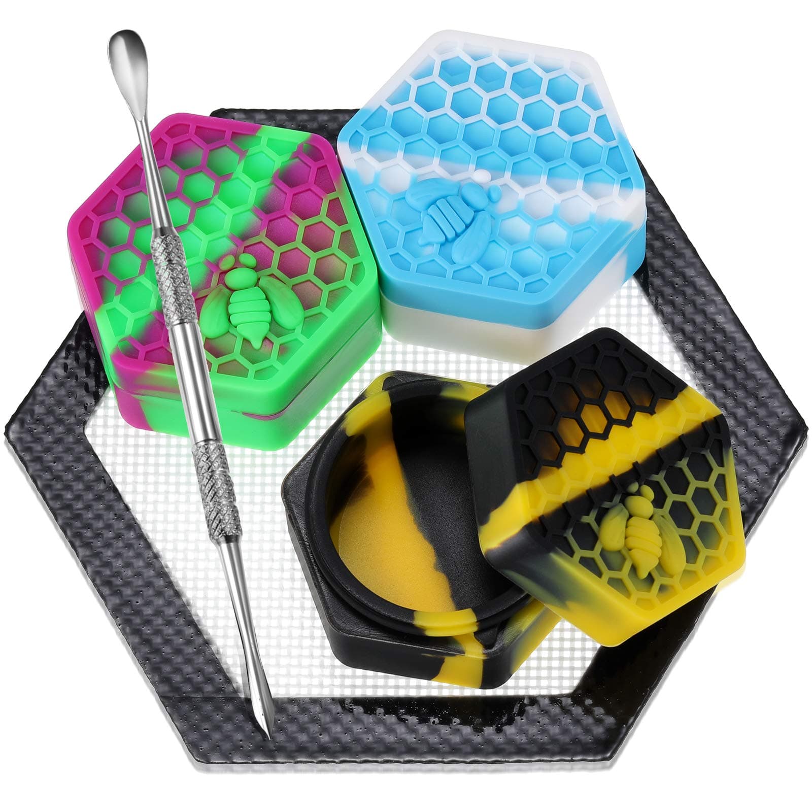Patelai 5 Pcs 26 ml Silicone Wax Concentrate Container Jar Tools Include Hexagon Non Stick Honeybee Jar Oil Kitchen Storage Containers with 5 Inch Wax Mat Pad and Carving Tool