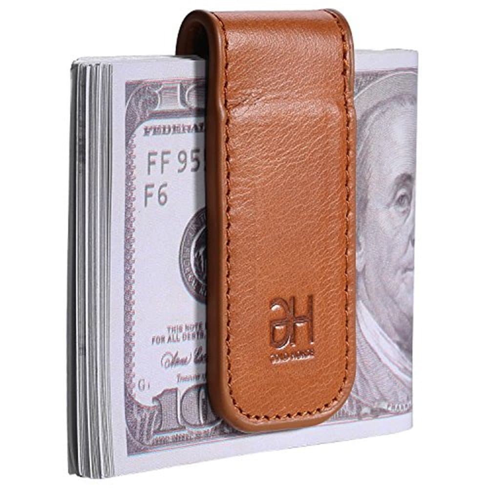 Slim Magnetic Money Clip Leather Minimalist Business Card Holder for Men Brown M