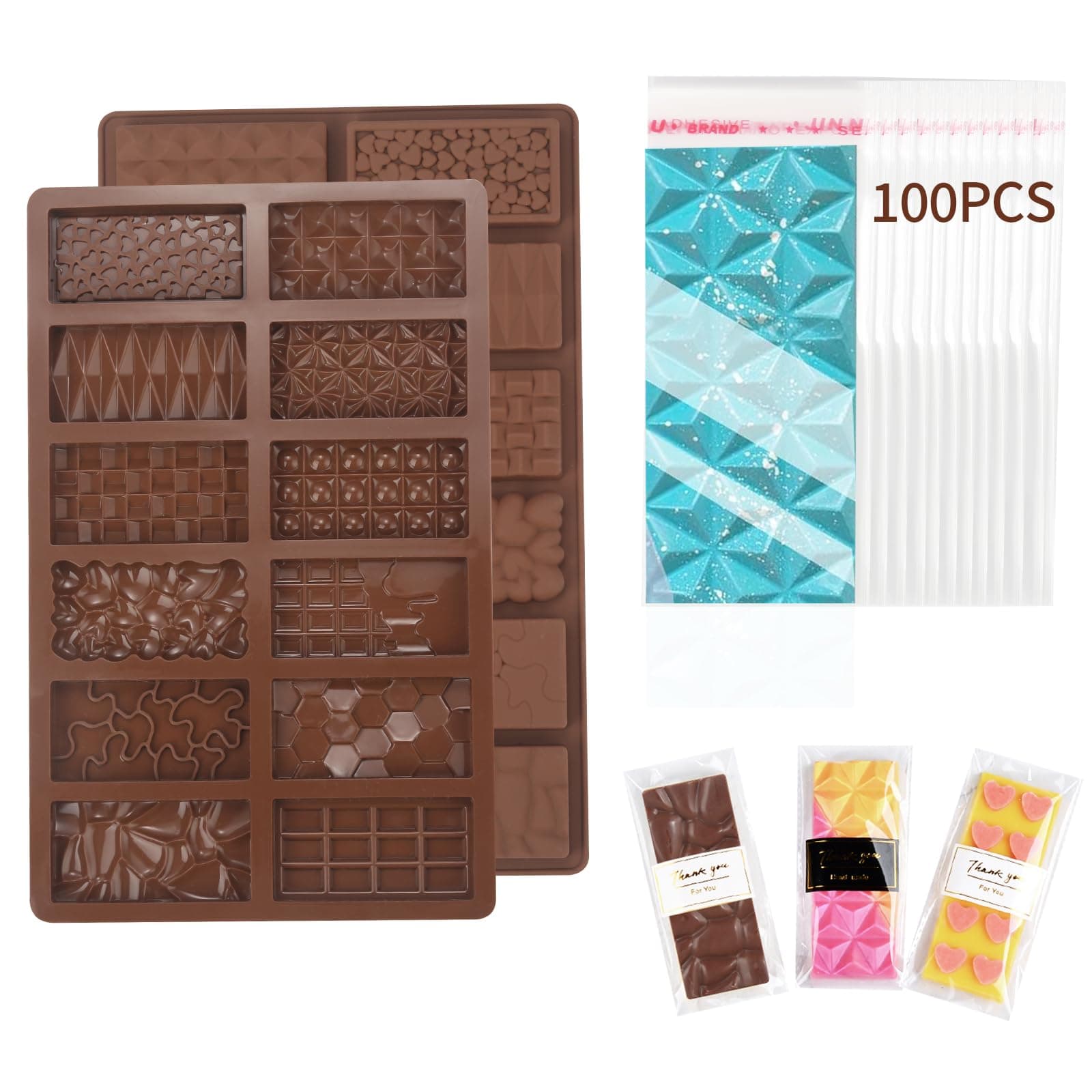 Chocolate Molds, 2Pcs Mini Silicone Chocolate Bar Mold with 100Pcs Bags, Break Apart Non-stick Small Chocolate Candy Bar Molds Wax Melt Molds for Chocolate Bar