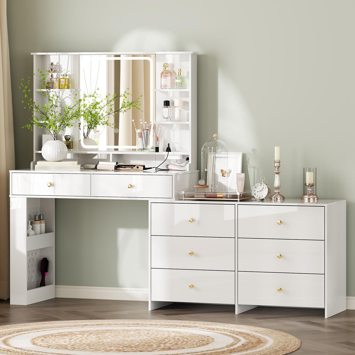 Makeup Vanity Desk with Mirror and Lights, Vanity Desk with 8 Drawers & Storage Shelves, Vanity Table with Power Outlet, 3 Color Modes & Adjustable Brightness Dressing Table, Bedroom,White