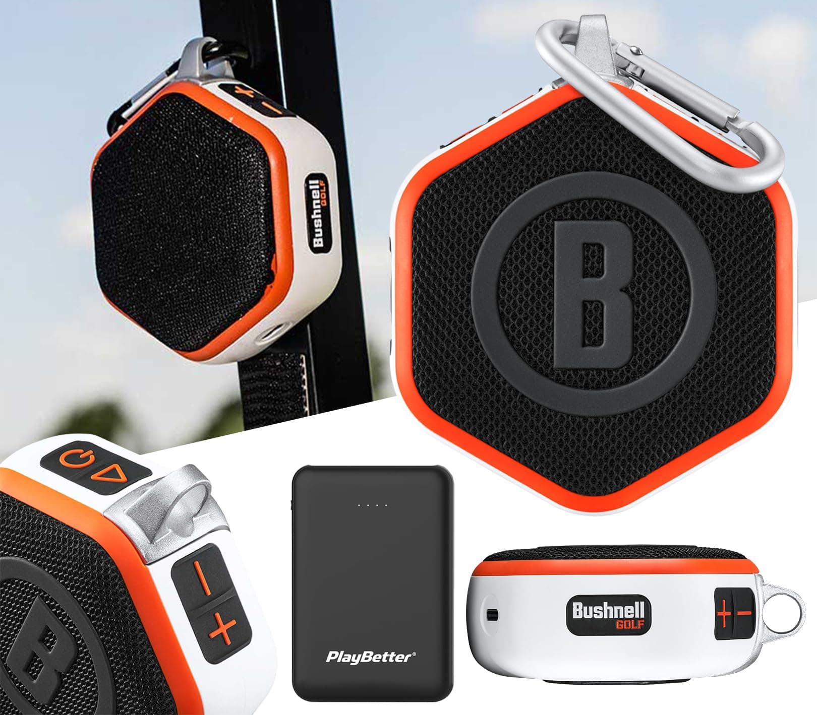 Bushnell Wingman Mini (Orange/White) Magnetic GPS Golf Speaker Bundle with PlayBetter Portable Charger - Music & Audible Distances Bluetooth Speaker for Golf Cart - 36,000+ Courses