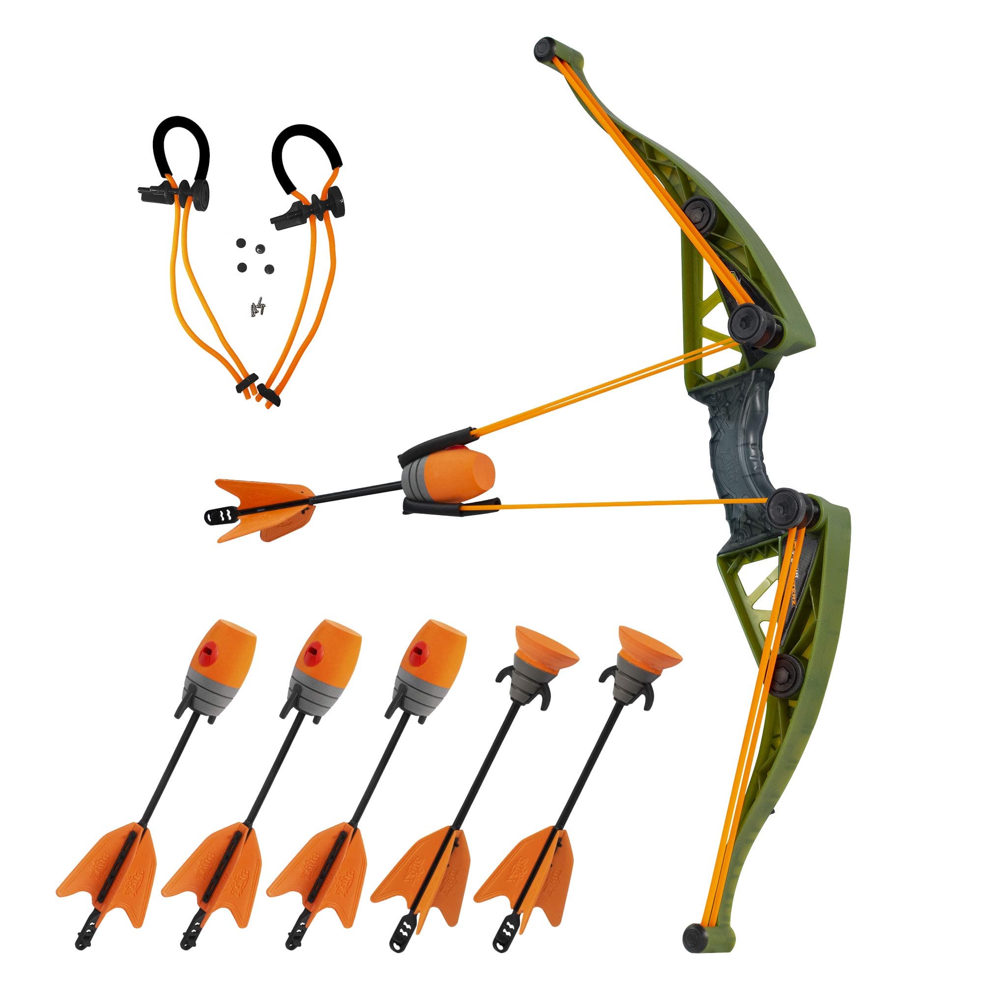 Zing Air Hunterz Z-Curve Bow Pack, 1 Green Bow, 4 Orange Zonic Whistle and 2 Orange Suction Cup Arrows and 1 Bungee, Shoots Up to 200 Feet
