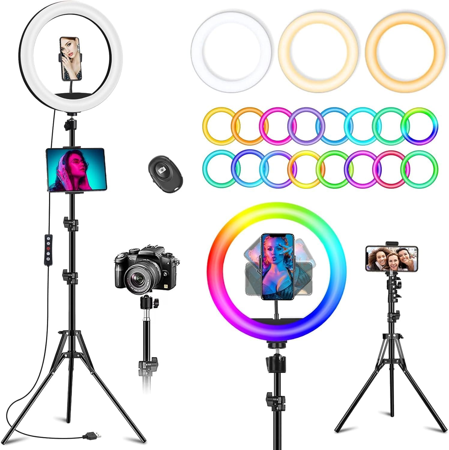 10.3" Ring Light with Tripod and Phone iPad Holder,Selfie Ring Light with 51 Color Mode,Circle Lighting for iPhone,Dimmable LED Phone Ringlight with Stand for Makeup/Video Recording/Photography/TikTok